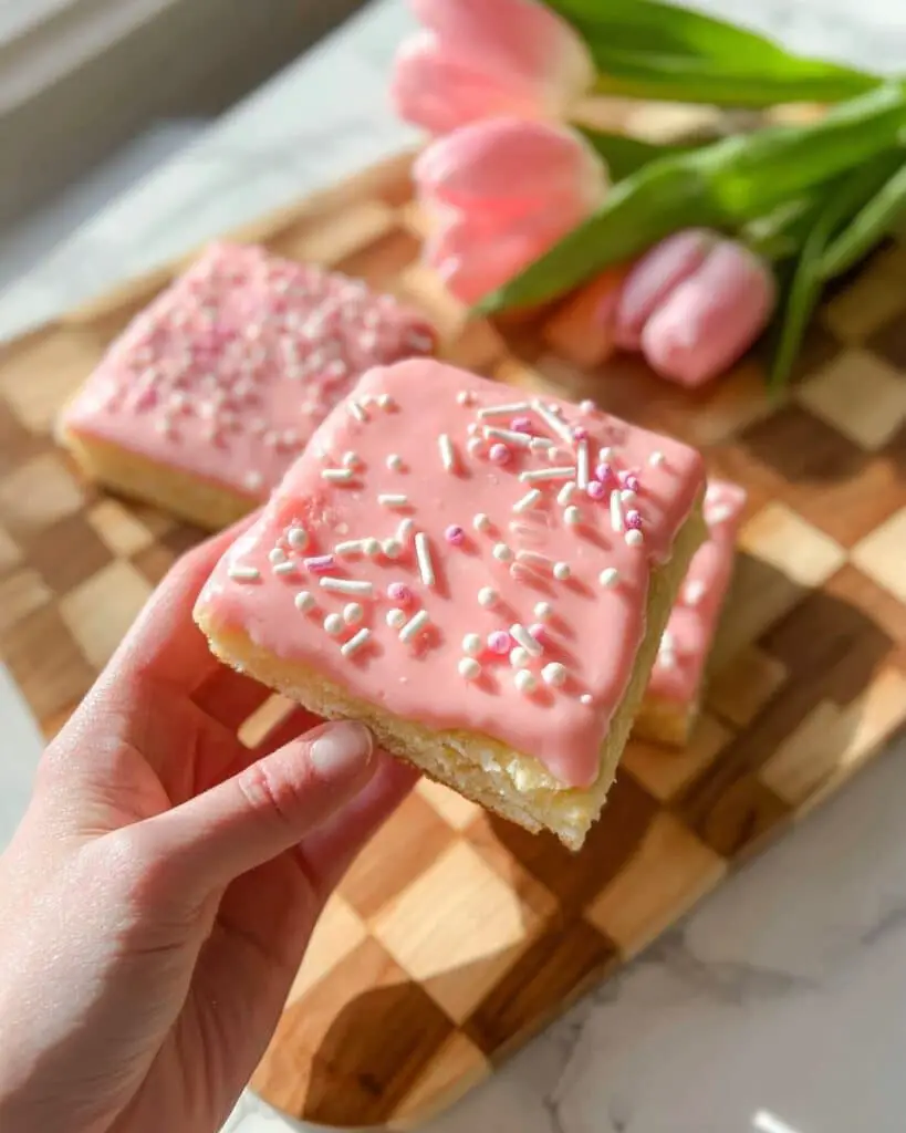 Pink Sugar Cookie Bars with Cream Cheese Icing and Valentine’s Sprinkles Recipe