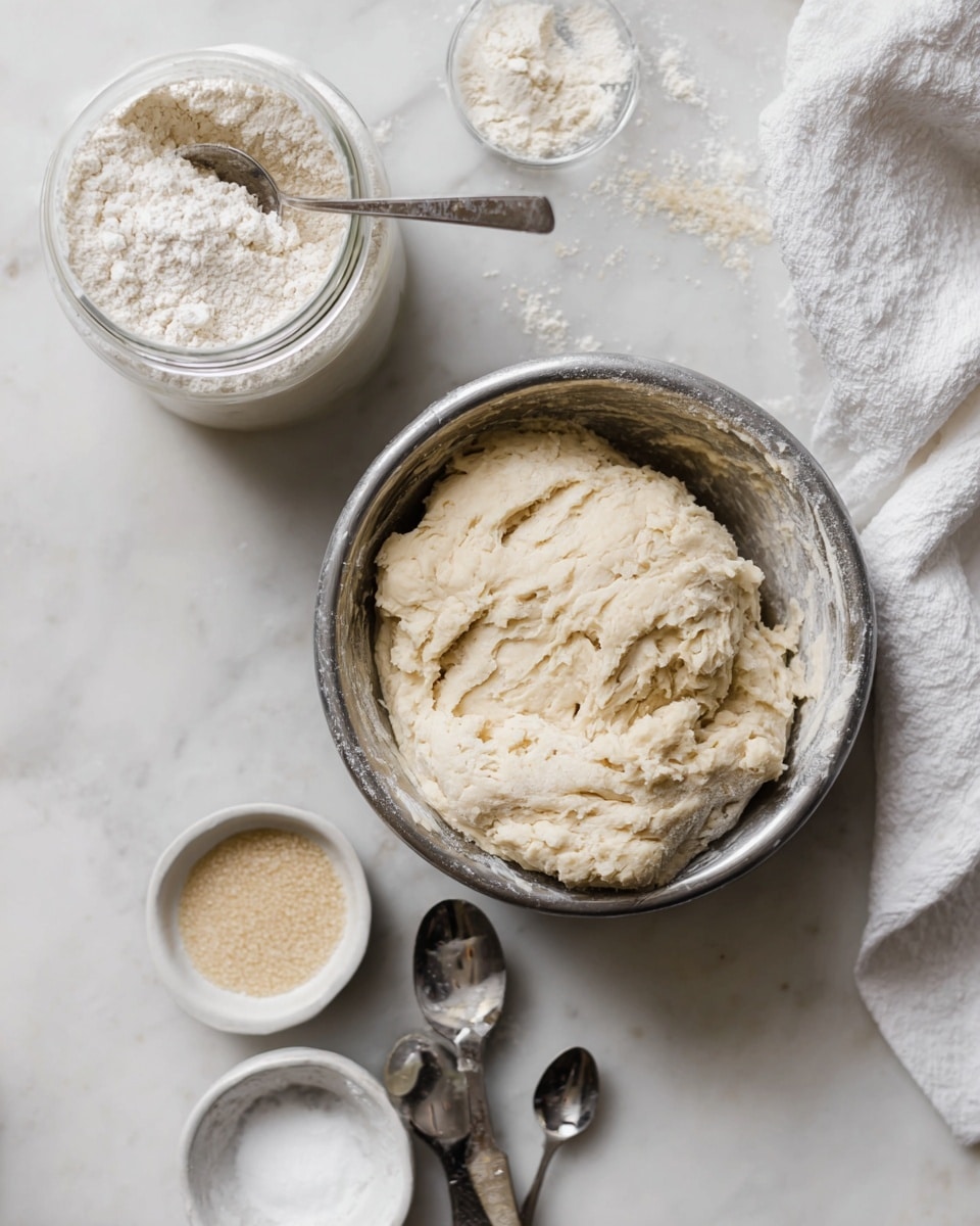 The image shows a metal bowl filled with a rough, pale dough that has a soft and slightly sticky texture, with some dough sticking to the sides of the bowl. To the left of the bowl, there is a large white jar filled with flour, its lid open and a small spoon resting next to it with some flour scattered around. Below the bowl are three small white dishes; one with light beige yeast granules, one with white salt, and another partially visible. A silver spoon and metal measuring spoons are also present on the white marbled surface. There is a white cloth near the top of the image, adding a soft texture to the scene. photo taken with an iphone --ar 4:5 --v 7