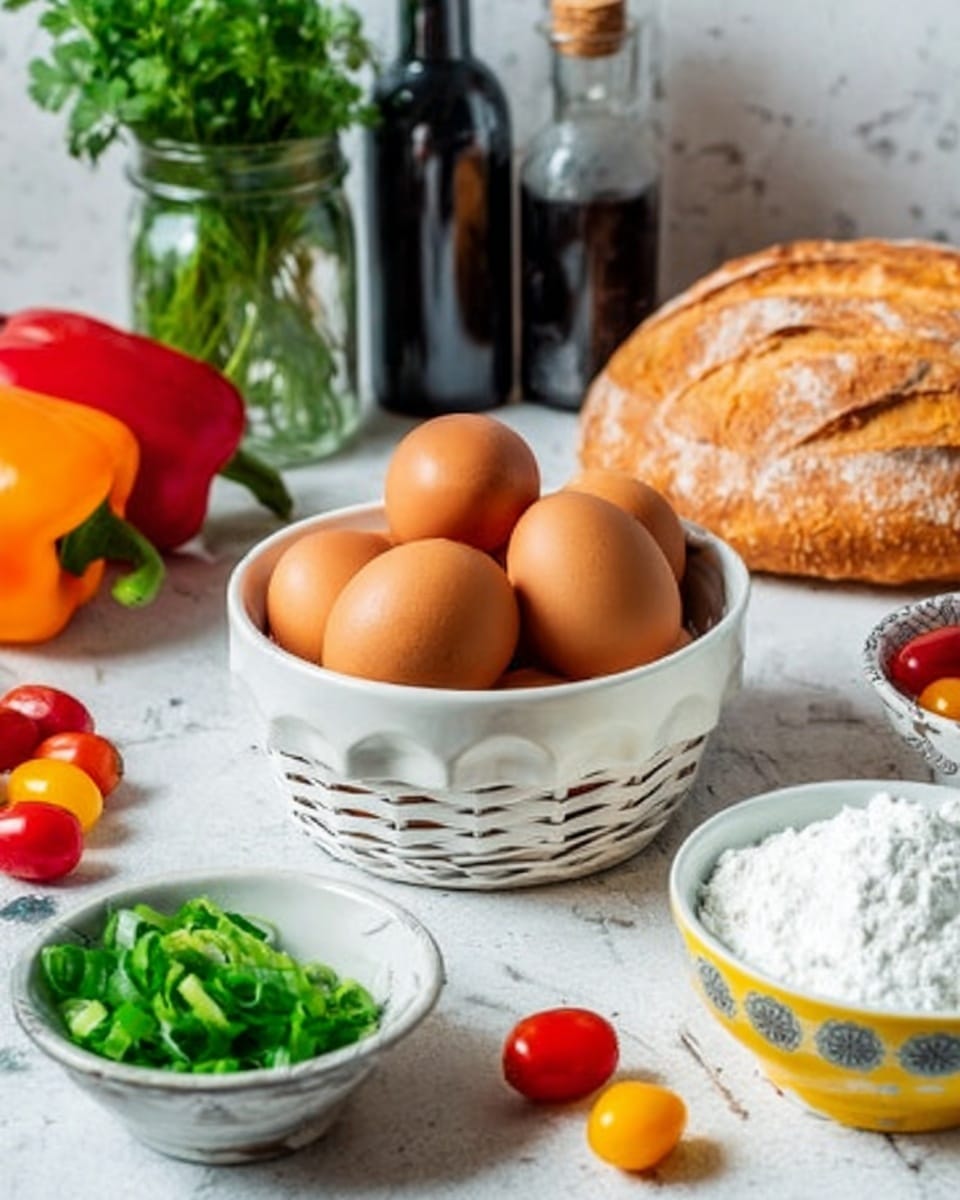 The image shows a white ceramic basket filled with five brown eggs placed at the center on a white marbled surface. Behind the basket, there are two dark bottles, one taller than the other, and a bunch of fresh green herbs in a glass jar. To the left, there are orange and red bell peppers partly visible, and a white bowl filled with chopped green onions at the front left corner. On the right side of the image, a large round loaf of golden bread is placed, and a white bowl with a yellow and gray pattern contains white flour. Small red and yellow cherry tomatoes are scattered around the setup. Photo taken with an iphone --ar 4:5 --v 7