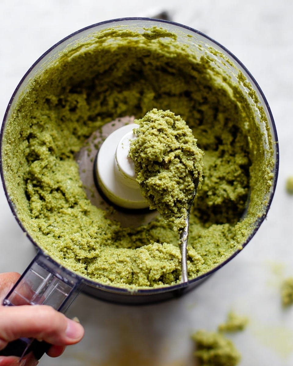 A close-up view of a food processor filled with thick, green mixture with a rough texture. The mixture fills the bowl almost to the top, and a spoon lifts a portion of it showing its dense, crumbly appearance. The clear sides of the food processor reveal bits of the mixture stuck on its interior. A woman's hand grips the processor handle on the left side. The background is a white marbled surface with some scattered crumbs around the base of the processor. photo taken with an iphone --ar 4:5 --v 7