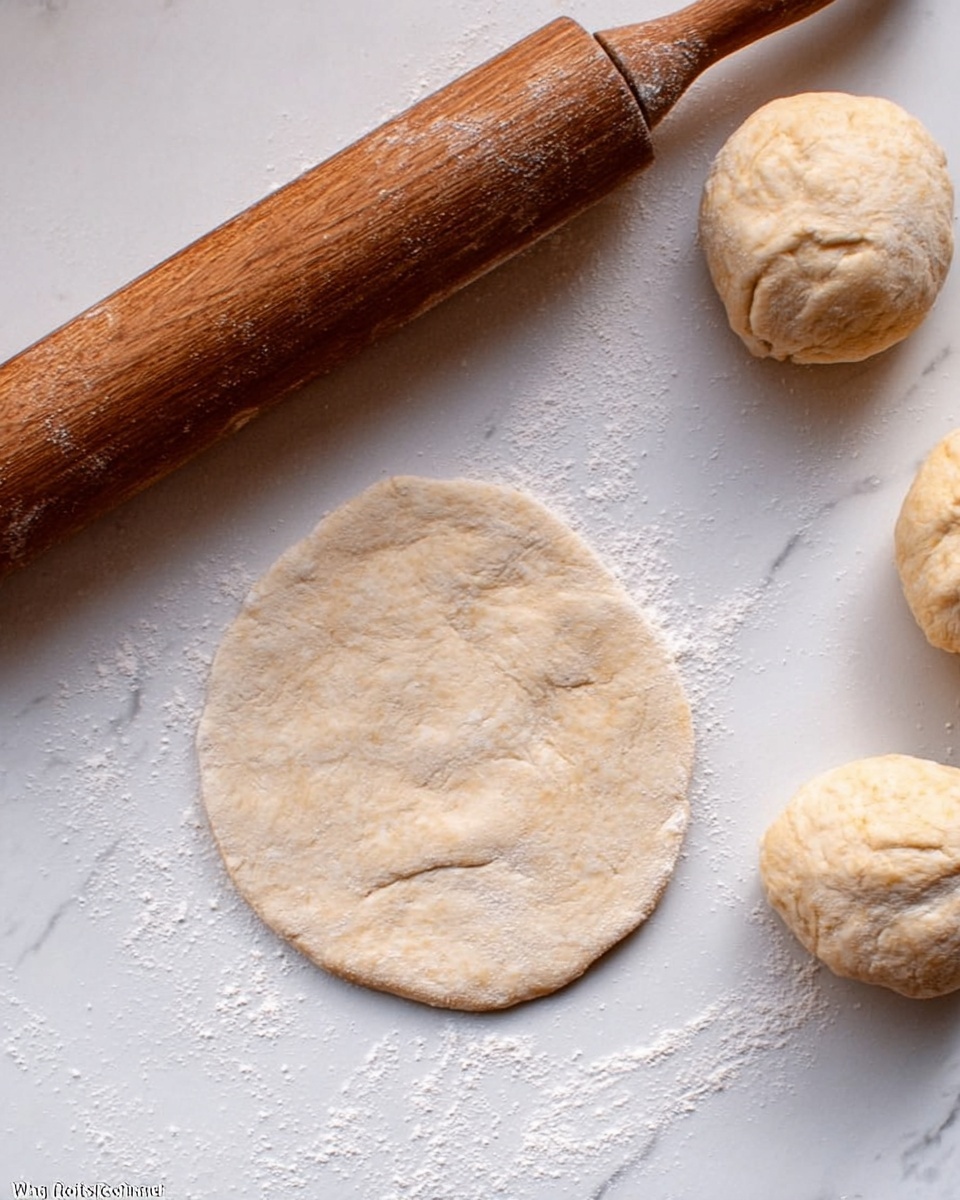 A close-up of a white marbled surface showing four balls of light tan dough with a soft texture, one of which is rolled out flat into a round shape with uneven edges, placed near the center. To the left side is a wooden rolling pin dusted slightly with flour. The dough balls have a slightly rough surface and are spaced apart with natural folds. photo taken with an iphone --ar 4:5 --v 7