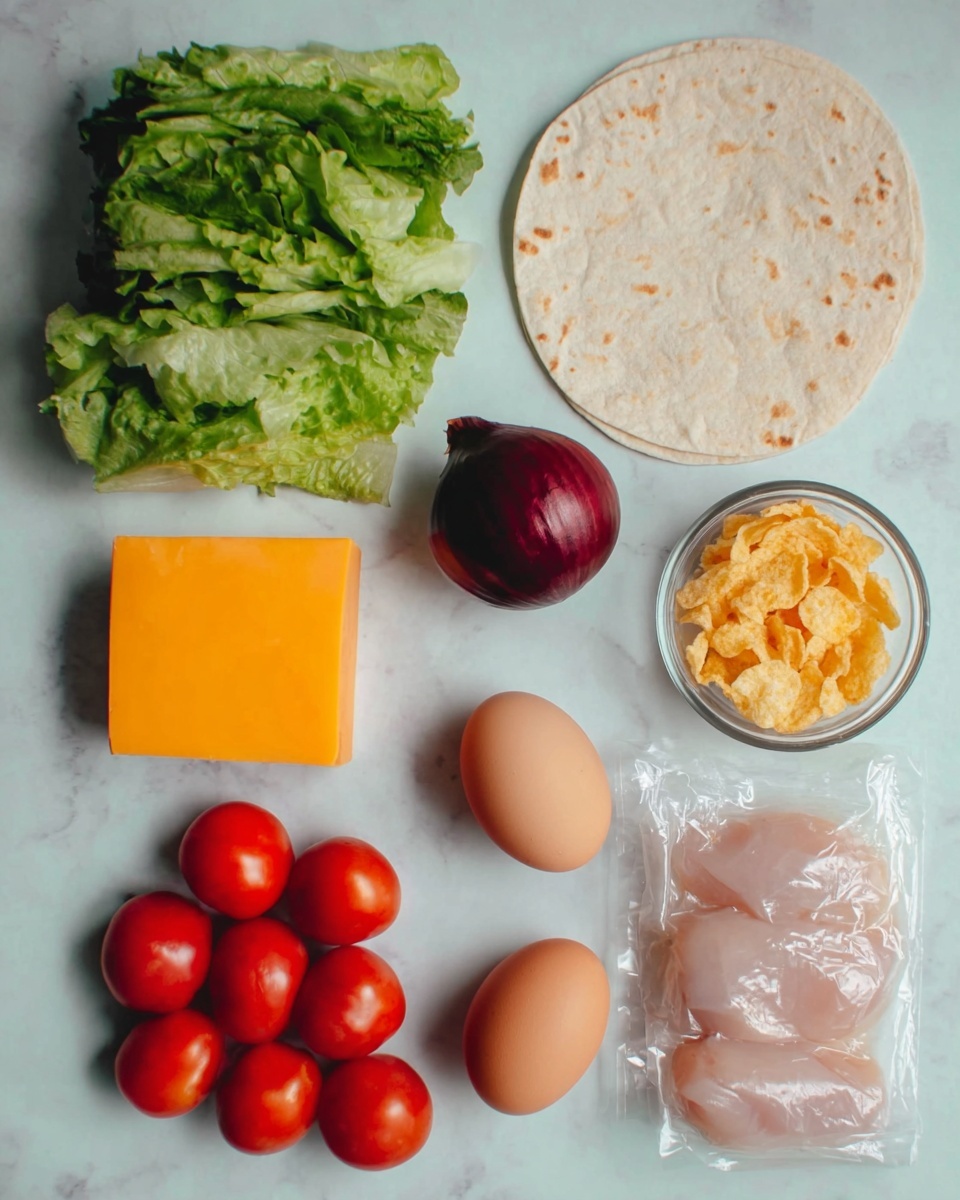 The image features fresh ingredients carefully arranged on a white marbled surface. At the top left, there is a bunch of green leafy lettuce with visible different shades of green and natural textures. To the right of the lettuce, a round, pale tortilla lies flat, showing soft creases on its surface. Below the lettuce, there is a single whole red onion with smooth, dark reddish-purple skin. Next to the onion and slightly lower, a square block of bright orange cheddar cheese with smooth edges is placed. To the right, there is a clear glass bowl filled with golden cornflakes, the flakes uneven and crisp-looking. Below the onion and cheese, a cluster of seven small, round red tomatoes is laid out, showing shiny surfaces with highlights. At the bottom left, two brown eggs with smooth shells rest side by side. On the bottom right, a pack of three raw, pale chicken fillets with a slightly wet texture is placed on white plastic wrapping. photo taken with an iphone --ar 4:5 --v 7