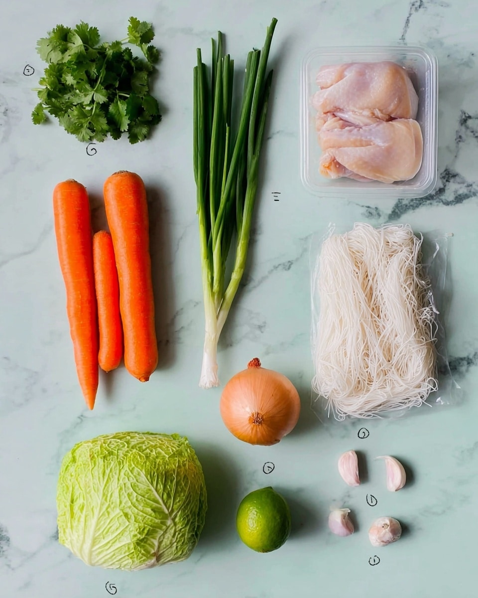 The image shows nine fresh ingredients placed neatly on a white marbled surface. There are three orange carrots positioned in the center, a small bunch of green cilantro on the lower left, and three green spring onions at the top left. Next to the carrots on the right is a bundle of white rice noodles with a delicate, thin texture. To the right top, there is a clear plastic container holding two pieces of raw chicken with a pale pink color. Below the spring onions, a single round, brown onion sits. On the bottom right, two small light pink garlic cloves are visible, and just above them, a small green lime is placed. At the bottom left corner, a fresh green Napa cabbage leaf lies flat, showing its textured veins clearly. All ingredients are well spaced and clearly visible. photo taken with an iphone --ar 4:5 --v 7