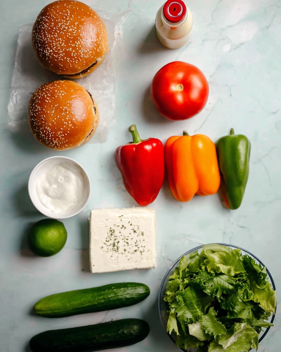The image shows three sesame seed burger buns stacked on a white marbled surface at the top left corner. To the right of the buns is a ripe red tomato, and below it is a white container filled with a white creamy substance. Below the tomato and creamy container are three bell peppers in red, orange, and green, arranged next to each other. To the left of the peppers is a small lime, and below the lime is a long, dark green cucumber. Near the bottom center is a block of white cheese with a light sprinkle of herbs, and to its right is a white bowl filled with green salad leaves. In the middle of the image is a small bottle with a red cap and a cream-colored label. photo taken with an iphone --ar 4:5 --v 7