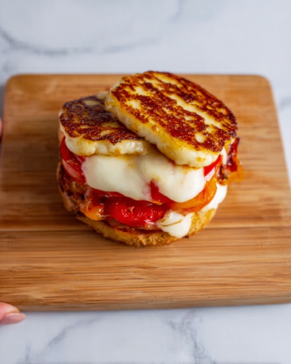 A white round sandwich is placed on a wooden cutting board over a white marbled surface. The sandwich has four visible layers: the bottom layer is a golden-brown toasted bread, followed by layers of red tomato slices and white melted cheese with a slightly browned top. On top of the cheese, there are two thick pieces of golden, grilled halloumi cheese with visible grill marks, stacked neatly. A woman's hand is holding the sandwich from above. Photo taken with an iphone --ar 4:5 --v 7