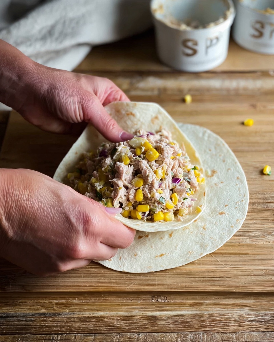 A close-up image shows two woman's hands folding the sides of a large, soft, light tan tortilla, which is laid flat on a wooden board. Inside the tortilla, there is a filling made of light brown tuna mixed with small yellow corn kernels and bits of purple onion. The filling is centered and spread evenly in the middle of the tortilla, revealing a textured, chunky salad mix. The background surface is a natural wood pattern, and in the blurry background, two white containers marked