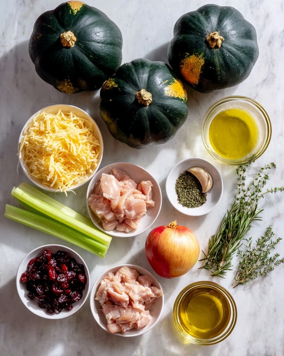 The image shows a flat lay of various cooking ingredients placed on a white marbled surface. There are three dark green acorn squashes arranged in a triangular shape at the top center, with one showing a bit of yellow. Around these squashes, several small white bowls hold shredded yellow cheese, raw turkey pieces, dried cranberries, and clear liquid. Other ingredients include a whole yellow onion, a red and yellow apple, three garlic cloves, three celery stalks, a small glass with golden olive oil, and fresh green herbs like rosemary and thyme. All items are neatly spaced and the lighting is bright and natural. Photo taken with an iphone --ar 4:5 --v 7