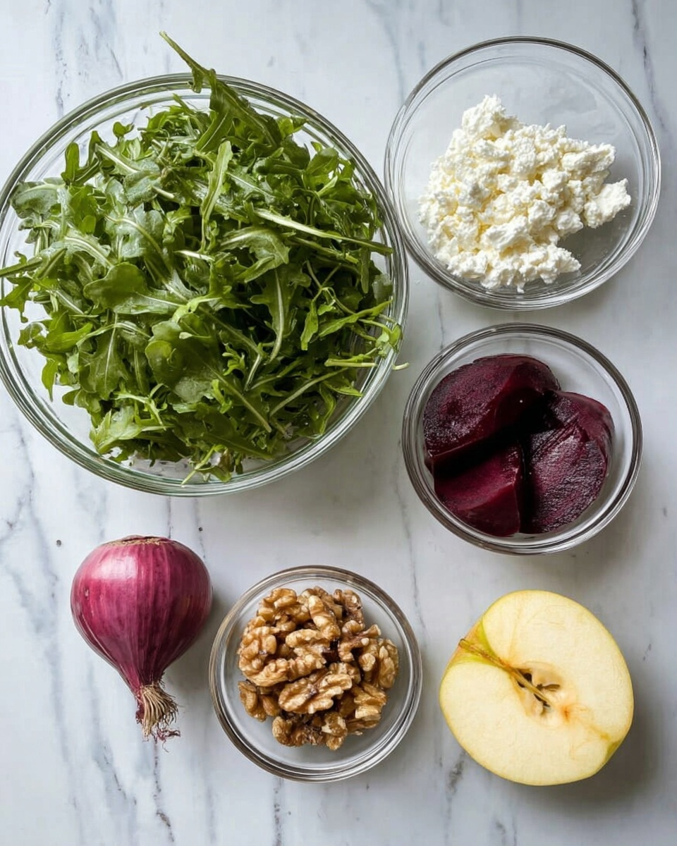 The image shows six ingredients arranged neatly on a white marbled surface. There is a large clear glass bowl filled with fresh green leafy arugula taking up the top left corner. To the right of it, there is a small clear bowl of white crumbled cheese next to a purple-red halved shallot on the surface. Below the greens, a small clear bowl holds light brown walnut pieces. On the right side, another clear bowl contains three dark red peeled beets. Finally, a wedge of yellowish apple with a smooth skin is at the bottom left. The scene is simple and clean, showing natural colors and textures. photo taken with an iphone --ar 4:5 --v 7