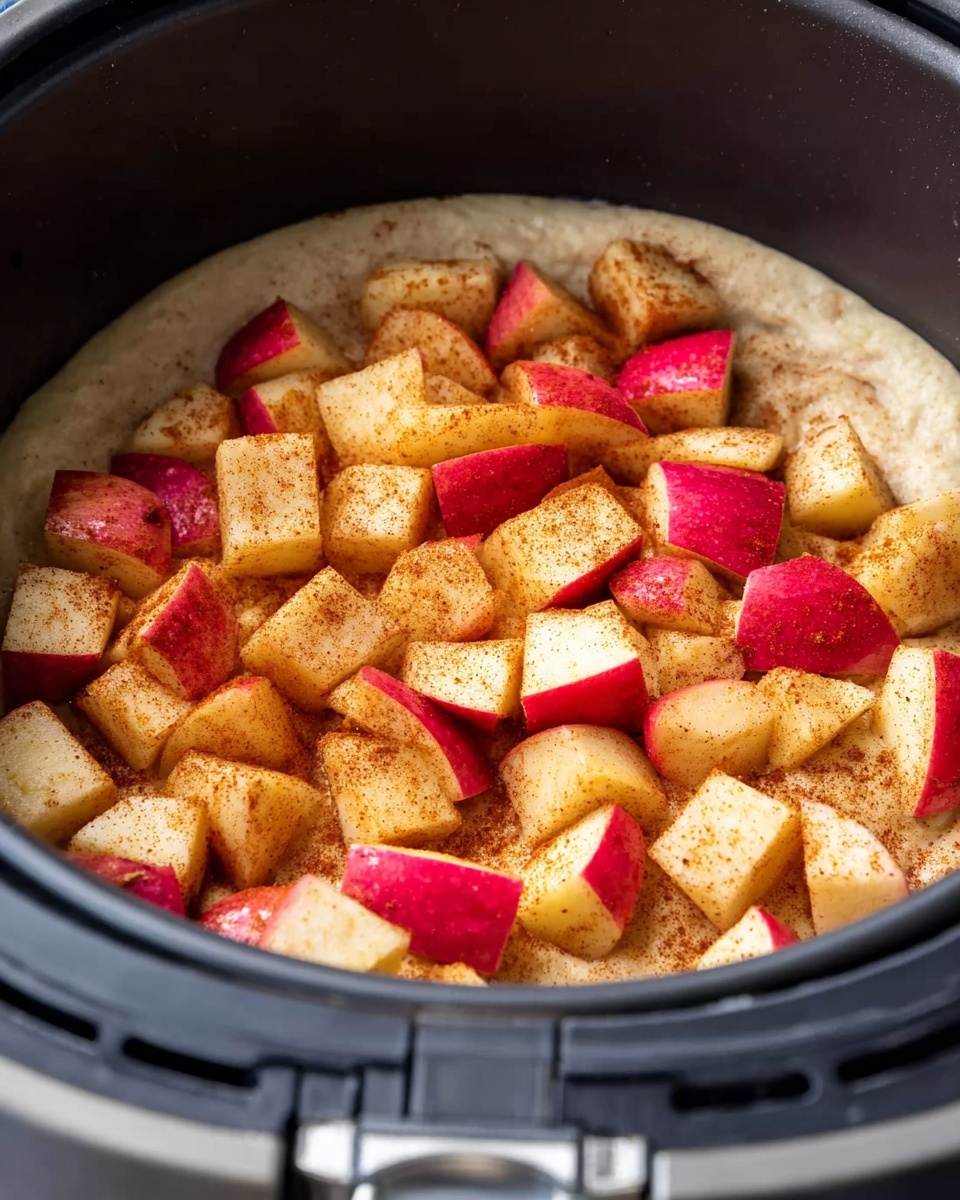 The image shows an air fryer basket filled with a single layer of chopped apple pieces with red skin still on. The apple chunks are spread evenly and sprinkled with cinnamon powder, giving the pieces a light brown dusting. The apples sit on a base that looks like a layer of batter or dough, light beige in color with a smooth texture, covering the bottom of the basket. The basket is inside a black air fryer with its metallic handle visible at the top. The background and surface are not visible as the basket fills the image. photo taken with an iphone --ar 4:5 --v 7