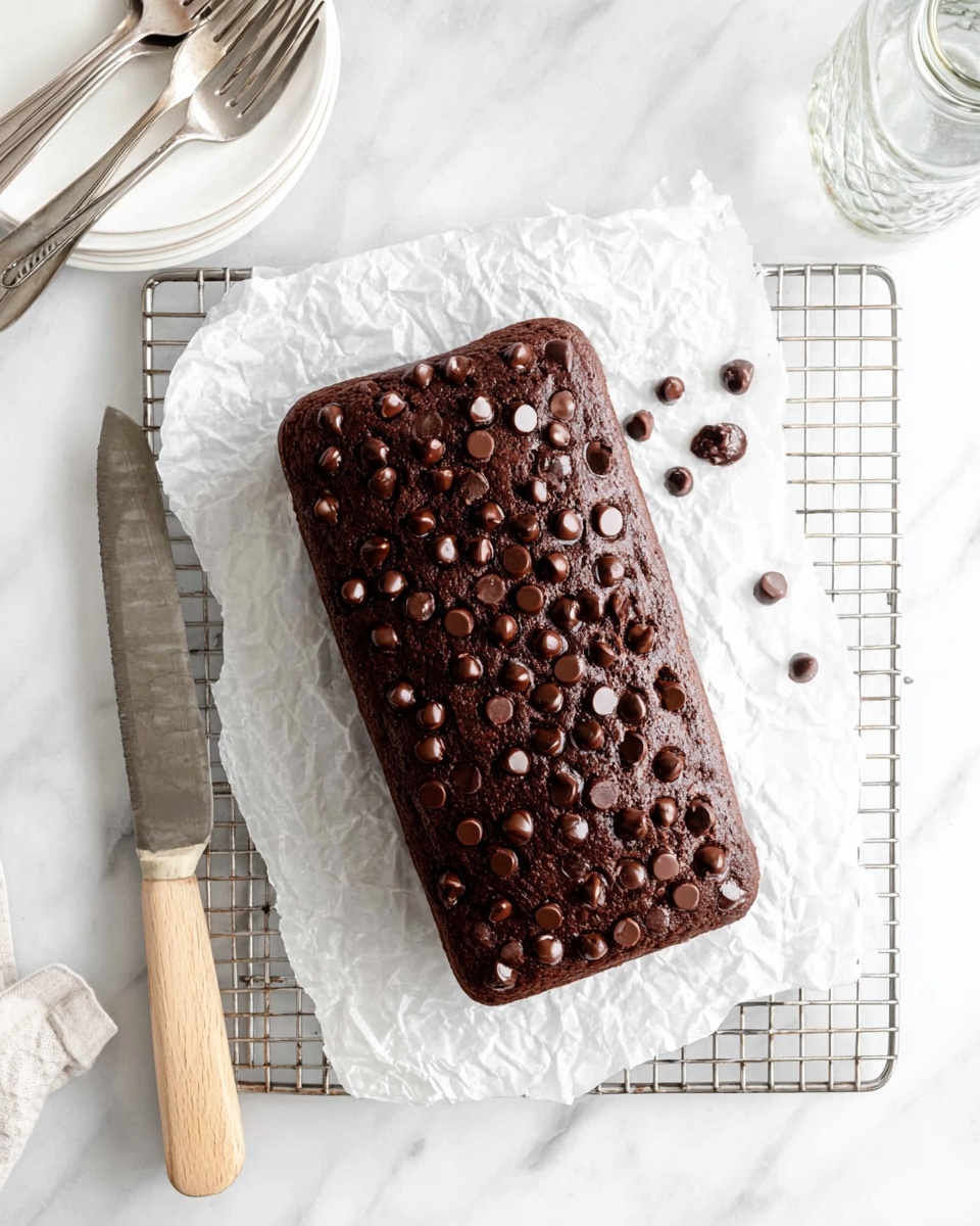 A dark brown rectangular chocolate cake with many shiny chocolate chips on top sits on crinkled white parchment paper over a cooling rack. Next to the cake, on the left side, is a silver serrated knife with a light wooden handle. Scattered chocolate chips are placed near the top right corner of the cake. The setting is on a white marbled surface, with a clear glass jar and a white plate with two silver forks visible in the top corners. photo taken with an iphone --ar 4:5 --v 7