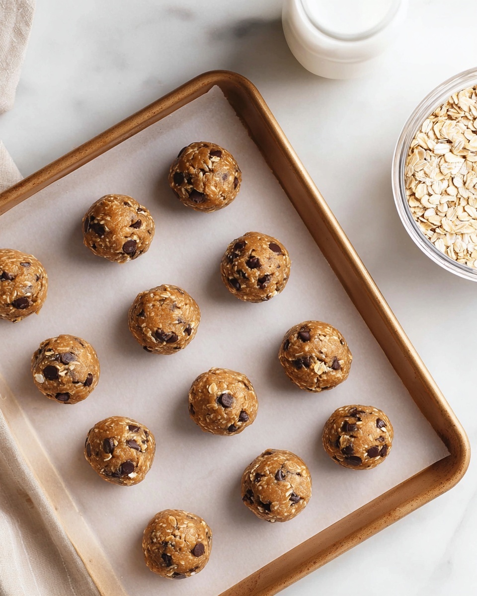 The image shows a baking tray lined with parchment paper holding 15 round cookie dough balls. Each dough ball is light brown with visible oats and dark chocolate chips embedded. The tray is placed on a white marbled surface. In the top right corner, part of a white bowl filled with rolled oats is visible, along with a white jar beside it. The dough balls have a smooth but textured surface, evenly spaced on the tray. photo taken with an iphone --ar 4:5 --v 7