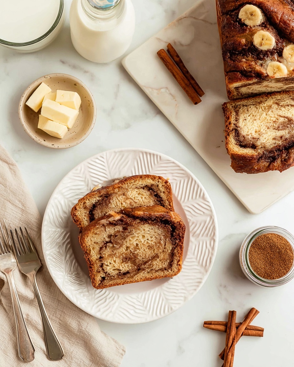 Two slices of cinnamon swirl bread sit on a white plate with a raised leaf pattern. The bread has a golden brown crust with darker cinnamon swirls visible inside. To the top right, a larger piece of the bread rests on a white marble surface, showing its soft, textured layers and small banana slices on top. Nearby are three cinnamon sticks lying flat on the white marble surface. To the left, there is a small glass bowl with pale yellow butter cubes, a glass bottle of milk with a straw, and a small jar with a metal lid filled with brown cinnamon sugar. Two forks lay crossed on the white marble surface in the lower left corner. A light beige cloth is partially visible at the bottom left. photo taken with an iphone --ar 4:5 --v 7