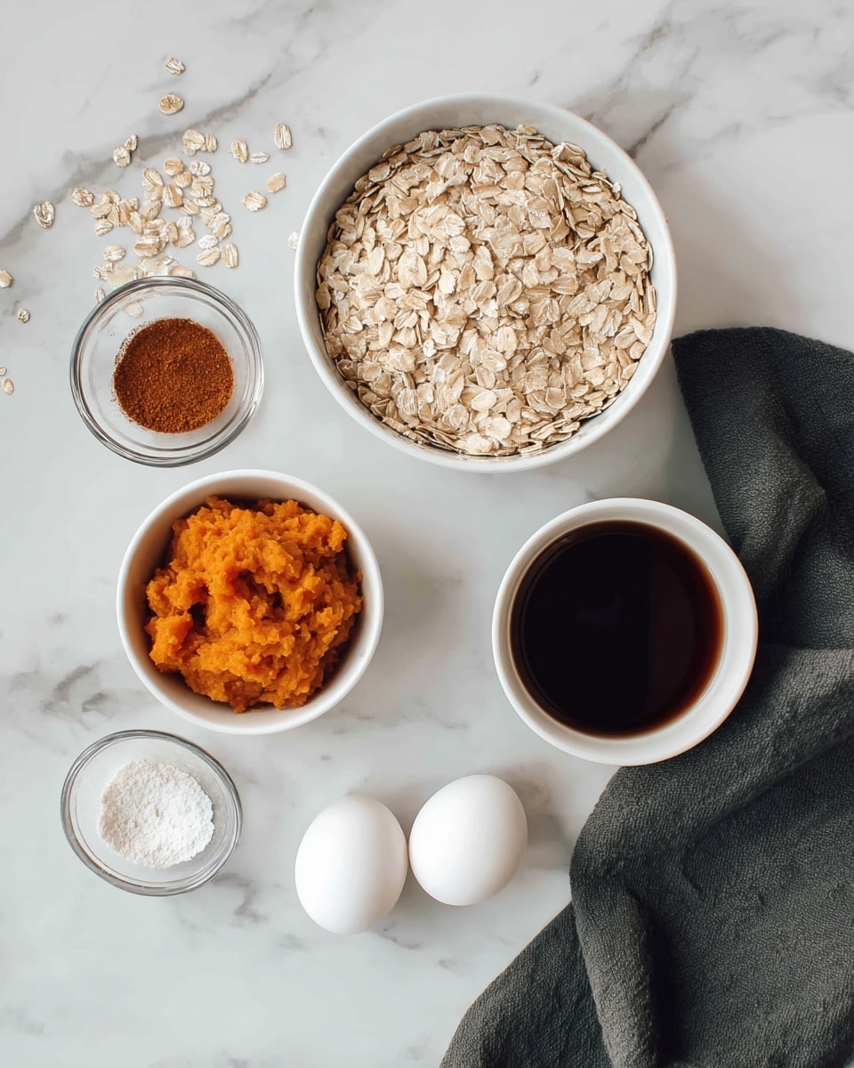 The image shows six ingredients placed on a white marbled surface. On the right side, two white eggs rest on a folded dark gray cloth. Next to the cloth, there is a small white bowl filled with dark brown liquid, likely vanilla or syrup. Above that, a large white bowl is full of light beige rolled oats with a rough texture. To the left, a small white bowl holds bright orange mashed pumpkin with a smooth texture. Above the pumpkin, a clear glass bowl contains a small amount of ground cinnamon that is reddish-brown, mixed with a pinch of white powder. Below this bowl, another small clear glass bowl holds a white powdery substance, probably baking soda or salt. A few scattered pieces of oats are spread across the marbled surface. photo taken with an iphone --ar 4:5 --v 7