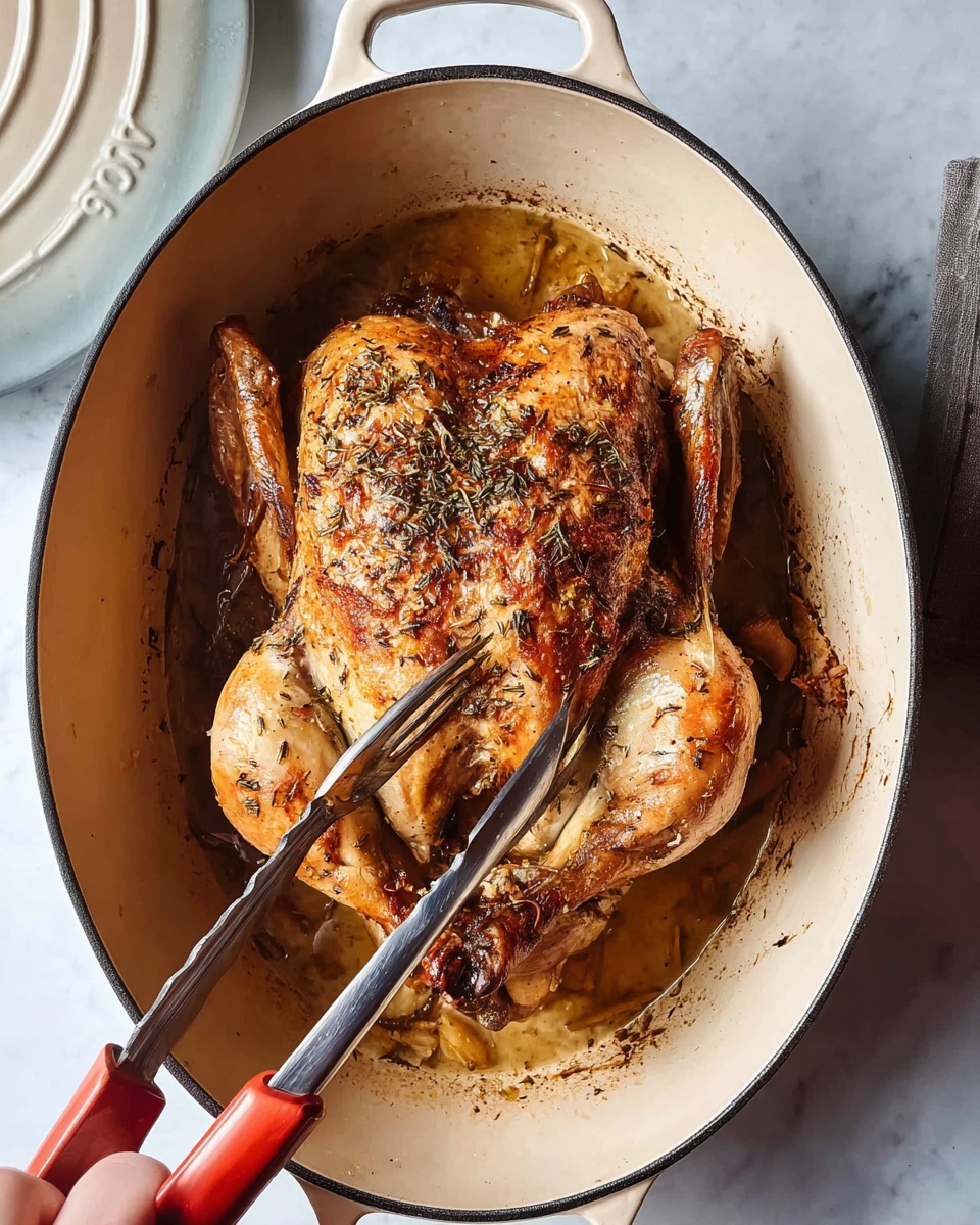 A roasted whole bird with golden-brown, crispy skin sprinkled with dried herbs sits inside an oval white cast iron pot. The bird is centered inside the pot, with the legs stretched out and tongs holding one side, while a woman's hand is gripping a fork with a red handle on the other side. The pot contains a light brown juice at the bottom, and the lid is placed nearby on a white marbled surface. Photo taken with an iphone --ar 4:5 --v 7