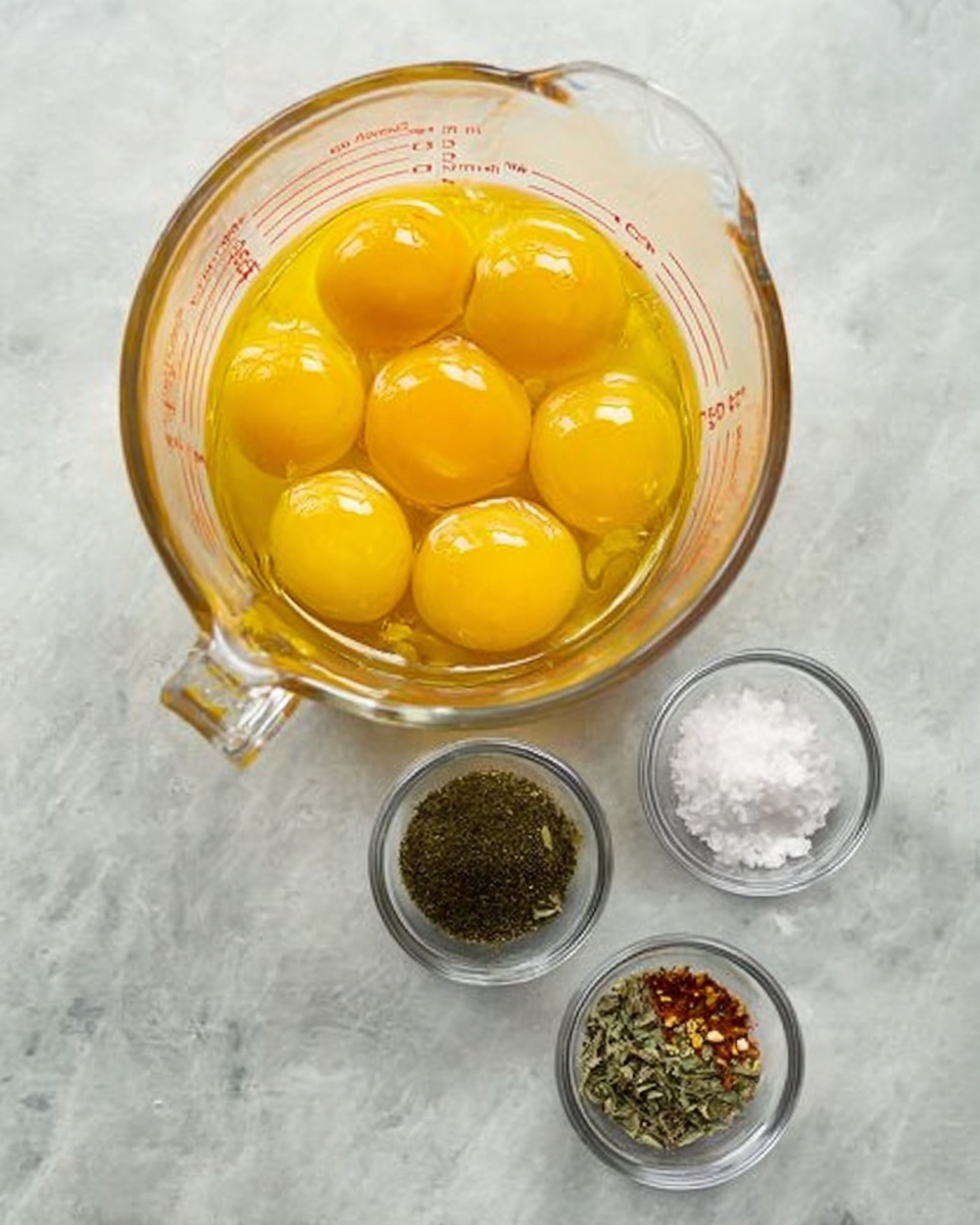 A clear glass measuring cup filled with nine raw egg yolks resting in egg whites, showing bright yellow and glossy textures in a top-down view. Below the cup, three small clear glass bowls hold different spices and salt; the first bowl has a dark greenish-black powder, the second contains a mix of green herbs and red flakes, and the third is filled with white granular salt. All items are placed on a white marbled surface, giving a clean and fresh look. photo taken with an iphone --ar 4:5 --v 7