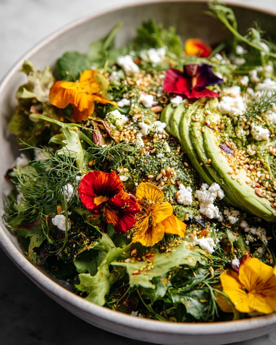 A close-up view of a fresh salad in a deep white bowl placed on a white marbled surface. The salad has a base layer of mixed leafy greens including cilantro and dill, giving a rich green color and varied leaf textures. On top, there are slices of light green avocado and a dollop of smooth green avocado cream. Scattered across the salad are small white crumbles of cheese, toasted golden sesame seeds, and bright yellow and red edible flowers, adding vibrant splashes of color and a delicate texture contrast. The overall look is fresh, colorful, and natural, with a mix of soft, crisp, and crunchy elements photo taken with an iphone --ar 4:5 --v 7