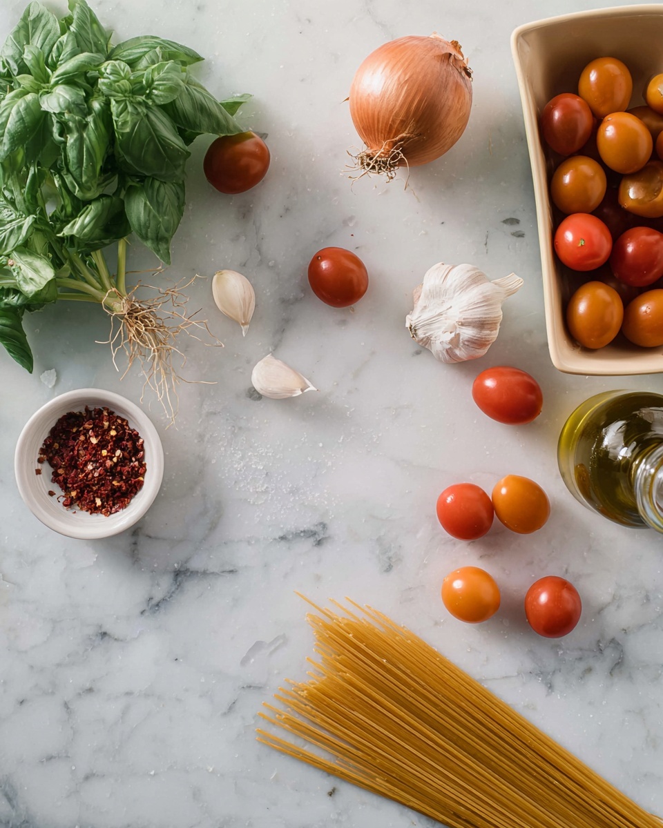 The image shows a white marbled surface with fresh ingredients scattered on it. On the left side, there is a bunch of fresh green basil with roots visible. Next to the basil, two garlic cloves lie beside a small white bowl filled with red chili flakes. Towards the center, there are several red and orange grape tomatoes spread around, some near a beige rectangular container on the right side, which is full of more grape tomatoes. On the top right, a large brown onion with part of its peel beside it is visible, and near the top center, there is a glass bottle of olive oil. At the bottom center of the image, uncooked spaghetti strands are fanned out neatly. The photo taken with an iphone --ar 4:5 --v 7
