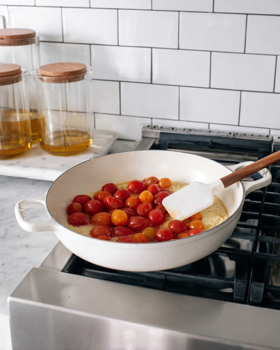 In the image, there is a white pan with two handles placed on a stovetop. Inside the pan, there are two main layers: the bottom layer is a light golden texture, and the top layer consists of sliced cherry tomatoes in a mix of red and orange colors. A white spatula with a wooden handle is resting inside the pan, partly touching the tomato layer. The background shows a white tiled wall with black grout lines, and the surface around the stove is a white marbled texture. On the left, there are glass containers with a wooden top and golden liquid. photo taken with an iphone --ar 4:5 --v 7