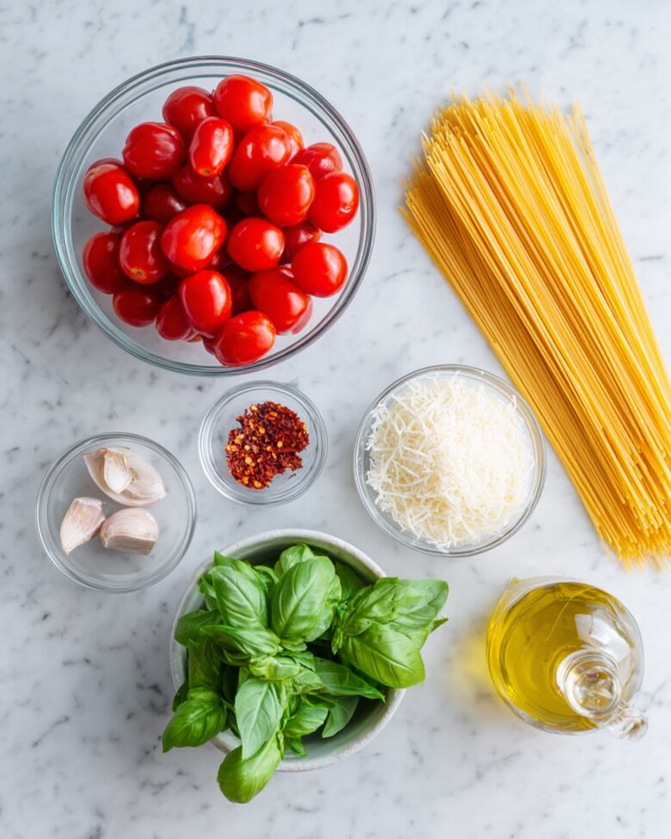 A top-down view of ingredients arranged neatly on a white marbled surface: a clear glass bowl filled with bright red cherry tomatoes in the top left, a small clear bowl with grated white cheese just above it, a pile of yellow uncooked spaghetti placed diagonally on the right side; below the tomatoes is a small white bowl filled with fresh green basil leaves, while a tiny clear bowl with red chili flakes is near the center; two peeled garlic cloves sit in a small clear bowl near a clear glass bottle of golden olive oil on the right side. photo taken with an iphone --ar 4:5 --v 7