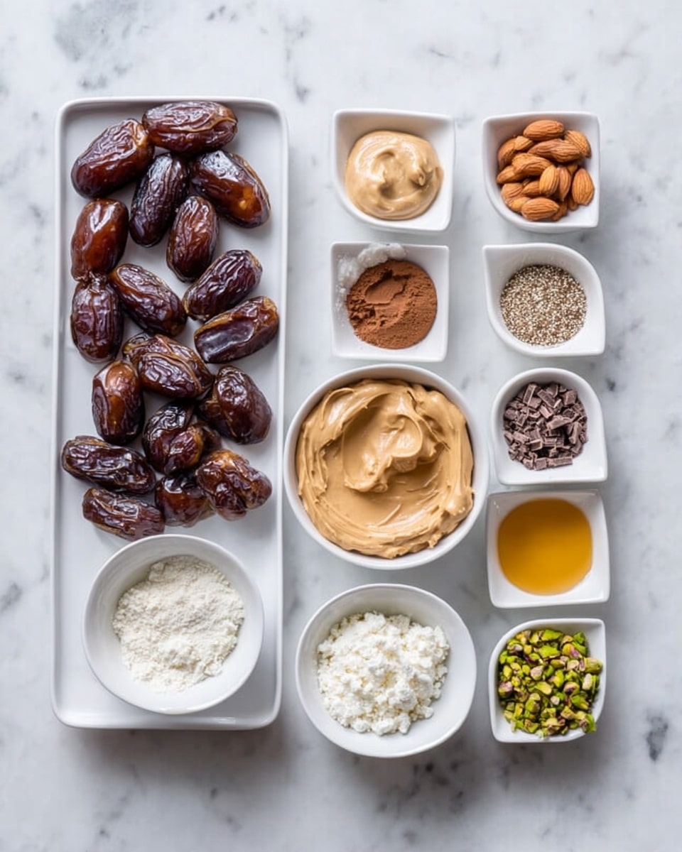 The image shows a white rectangular tray on the left filled with dark brown dates, arranged in a loose pile. To the right, there are nine small white bowls arranged neatly in a grid on a white marbled surface. The top row has a white bowl with light beige peanut butter, a white bowl with whole almonds, and a white bowl with a mix of small brown and black seeds or powders. The middle row has a large white bowl with creamy peanut butter, a white bowl with a mix of brown powder and shredded dark chocolate, and a white bowl with white flour. The bottom row has a white bowl with chopped green pistachios, a white bowl with golden honey, and a white bowl with white cottage cheese or ricotta. Photo taken with an iphone --ar 4:5 --v 7