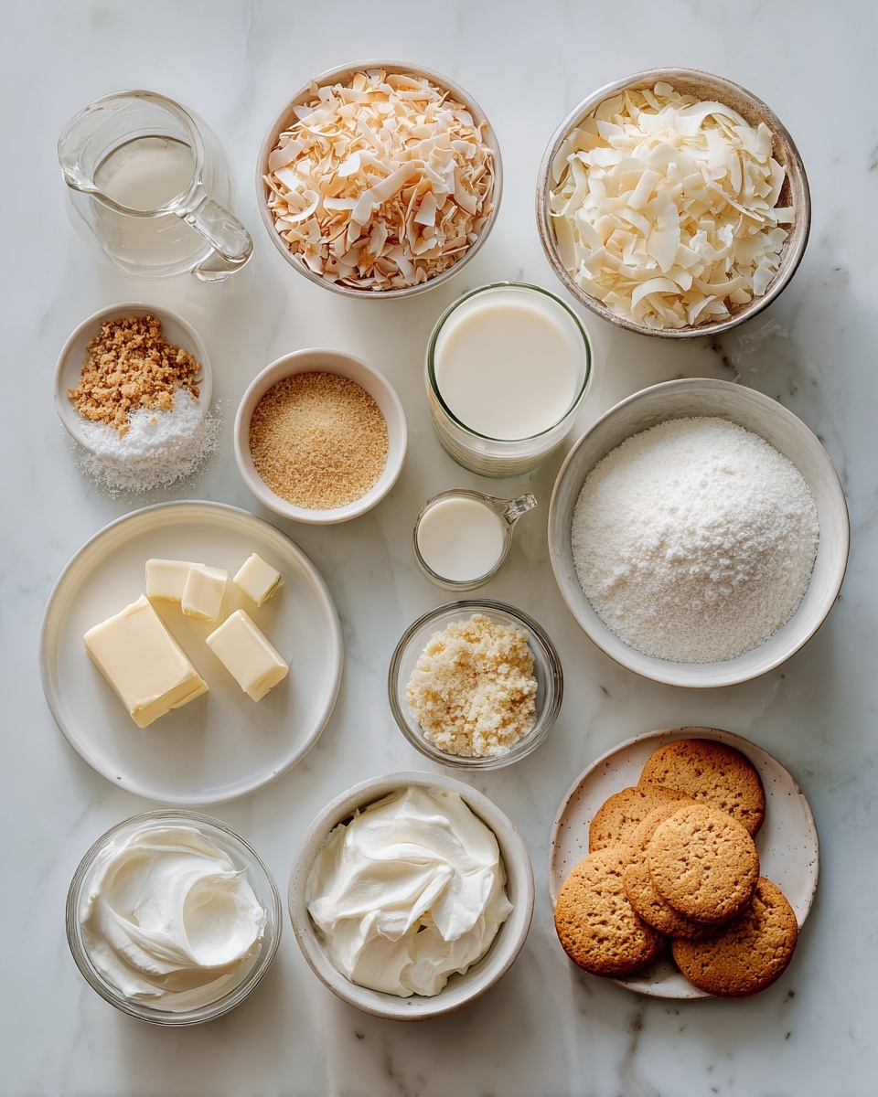 Top-down professional food photography, flat lay style, bright white marble countertop, neatly arranged, evenly spaced, tidy, clean organized layout, include: bowl of shredded sweetened coconut, small bowl of toasted shredded coconut, small bowl of instant coconut pudding mix powder, glass measuring cup of nonfat milk, small plate of unsalted butter softened, small bowl of cream cheese softened, bowl of whipped topping, small bowl of crushed shortbread cookie crumbs, plate of whole shortbread cookies, small glass cup of vanilla flavoring, bright soft natural lighting, sharp focus, high detail textures, realistic reflections, professional DSLR look, 4K, no finished dish, no cooked food, no hands, no text, no watermark, no brand logos --ar 4:5 --v 7