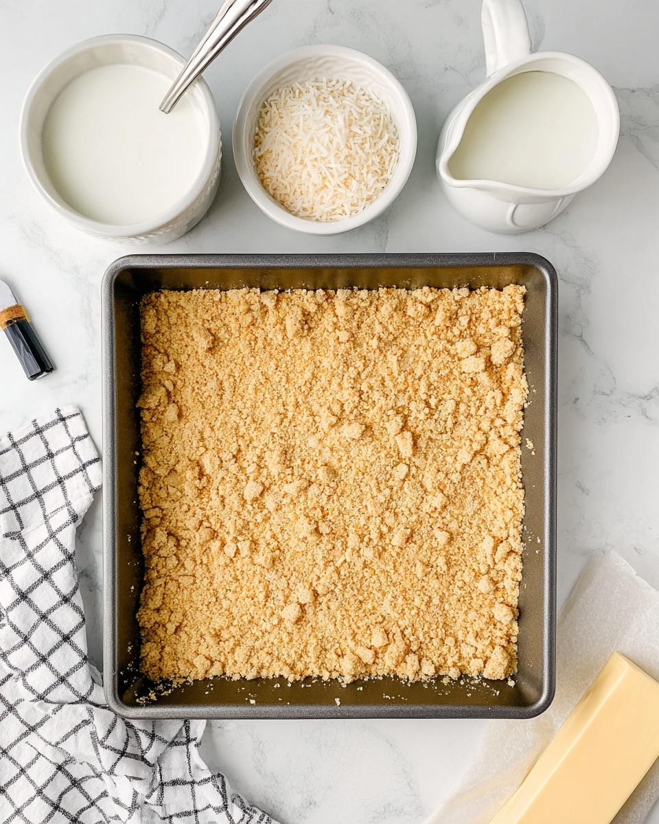 A square baking pan filled with a single even layer of golden crumbly crust, pressed down and spread out to cover the bottom evenly with some larger crumb pieces around the edges, sits on a white marbled surface. Nearby, a small white bowl contains shredded coconut, while a white ceramic pitcher filled with milk and a small bottle of vanilla extract with a black cap lie close by. A part of a white and black checkered cloth and a stick of butter wrapped in yellow paper are at the bottom right corner. Photo taken with an iphone --ar 4:5 --v 7