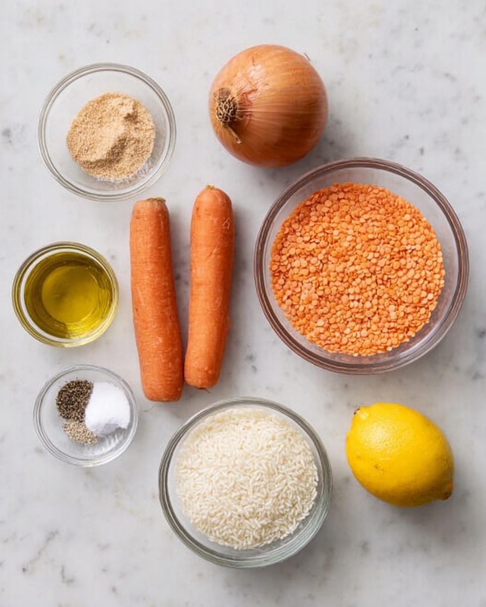 A top view of several cooking ingredients arranged on a white marbled surface, including a clear glass bowl filled with small orange lentils on the right, a clear glass bowl with white rice grains below it, two whole orange carrots placed parallel in the center, a whole brown onion to the top right, a whole yellow lemon near the center left, a small clear glass bowl with a light brown powder at the top left, a small clear glass bottle with light yellow oil below the lemon, and a tiny clear glass bowl with white salt and black pepper at the bottom left photo taken with an iphone --ar 4:5 --v 7