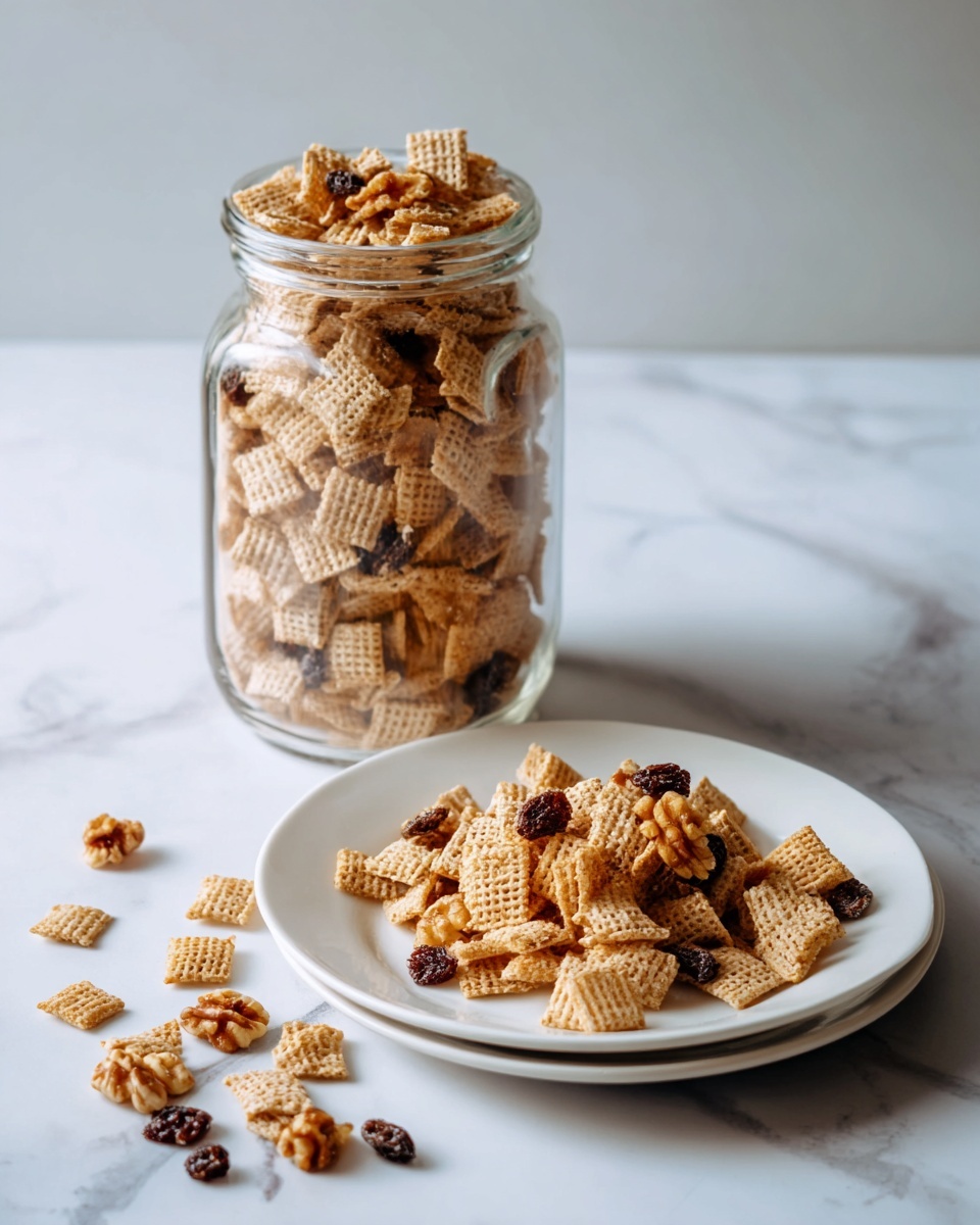 A clear glass jar filled almost to the top with shredded wheat cereal squares that are light brown and textured, mixed with small clusters of light beige walnut pieces and dark dried raisins, all layered together inside the jar. Next to the jar is a white plate with a shallow rim, holding a small pile of the same cereal, walnut pieces, and raisins scattered loosely near the edge. The whole scene is set on a white marbled surface. photo taken with an iphone --ar 4:5 --v 7