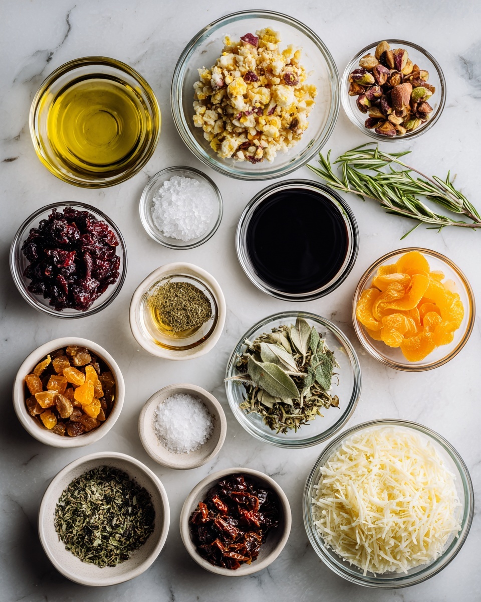 Top-down professional food photography flat lay style, bright white marble countertop, neatly arranged, evenly spaced, tidy, clean organized layout, include: small glass cup of olive oil, small bowl of chopped dried cranberries, small bowl of chopped dried apricots, small bowl of chopped pistachios, small bowl of grated parmesan cheese, small bowl of chopped sundried tomatoes, small bowl with crushed garlic cloves, small bowl of chopped rosemary leaves, small bowl of chopped sage leaves, small bowl with orange zest, small glass cup of balsamic vinegar, small bowl of flaky salt, bright soft natural lighting, sharp focus, high detail textures, realistic reflections, professional DSLR look, 4K, no finished dish, no cooked food, no hands, no text, no watermark, no brand logos --ar 4:5 --v 7