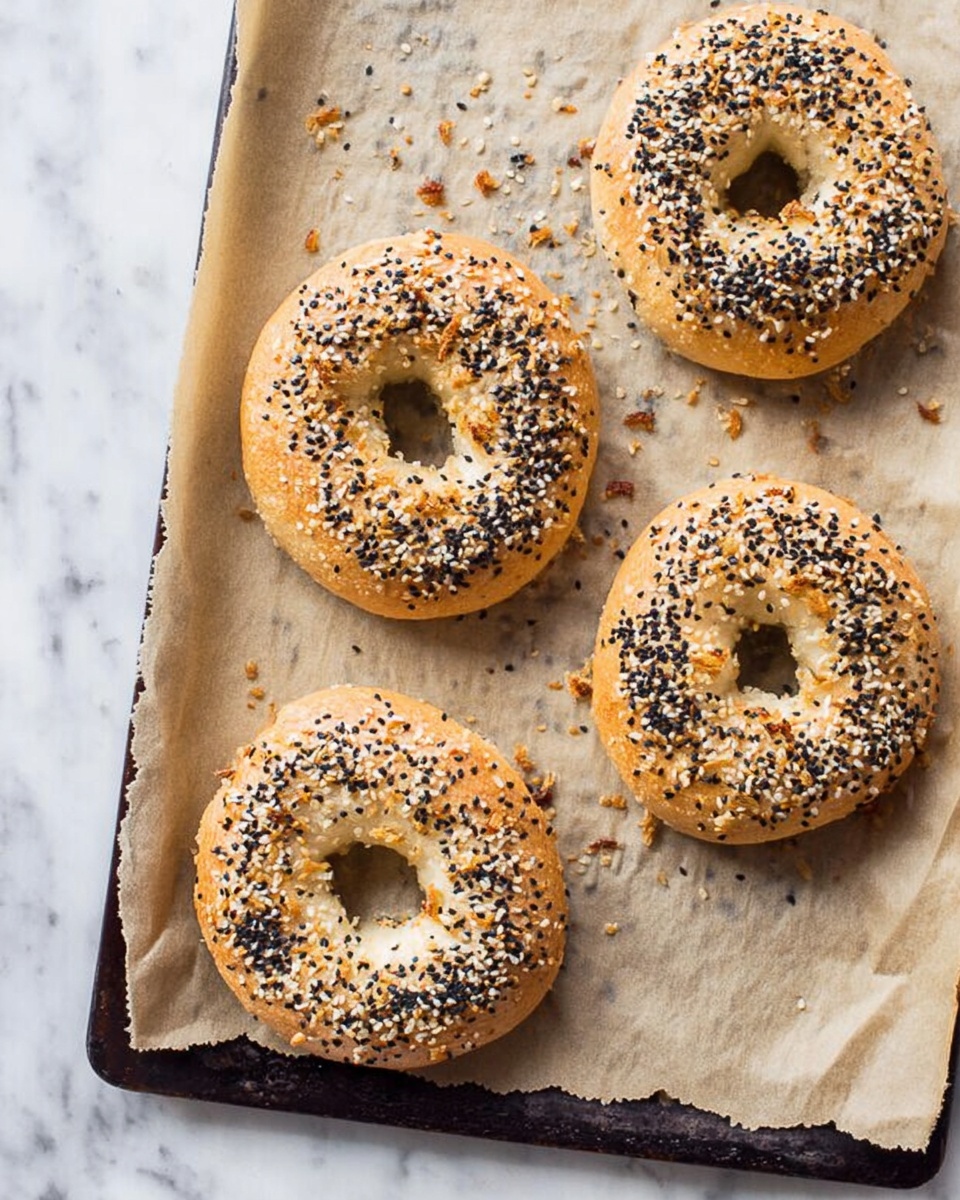 Four baked bagels sit scattered on a baking tray lined with light brown parchment paper. Each bagel is golden brown with a smooth surface and topped with a mix of black and white sesame seeds along with dried onion flakes. The bagels have a thick, round shape with a hole in the center, and their texture looks soft and slightly shiny. Small bits of seeds are scattered on the parchment paper around the bagels. The tray rests on a white marbled surface. photo taken with an iphone --ar 4:5 --v 7