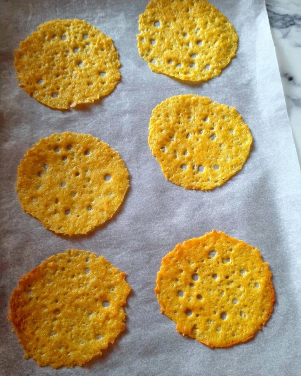 The image shows six round, thin, golden-yellow cheese crisps placed on a sheet of parchment paper. Each crisp has small holes and uneven edges, with a lacy, slightly crispy texture. The crisps are spaced apart in two rows, three in each row. The parchment paper sits on a white marbled surface. photo taken with an iphone --ar 4:5 --v 7