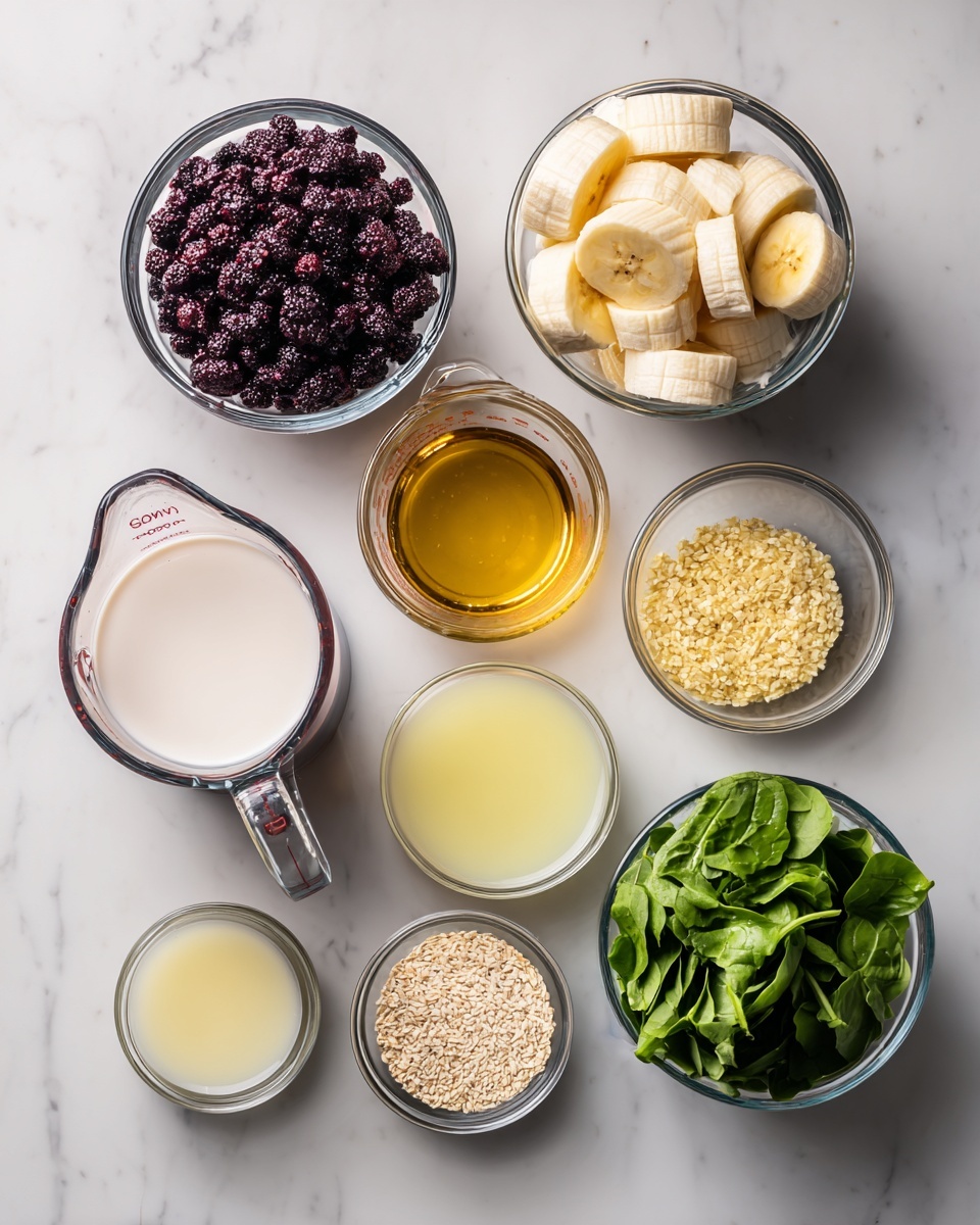 The image shows a collection of clear glass bowls and measuring cups on a white marbled surface, each containing different ingredients. Starting from the top left, there is a bowl filled with small dark purple berries, to its right is a bowl with thick slices of peeled banana. Next to that is a large measuring cup filled with golden liquid. Below the berries is a measuring cup with a white liquid, possibly milk. To the right of it is a smaller measuring cup with a pale yellow liquid, likely juice. Moving right and slightly down, there are three small bowls with different contents: one with small yellowish flakes, one with light beige seeds, and the last with a pale yellow clear liquid. Finally, on the bottom right is a bowl filled with fresh green leafy vegetables. All bowls and cups are placed neatly on the white marbled background. photo taken with an iphone --ar 4:5 --v 7