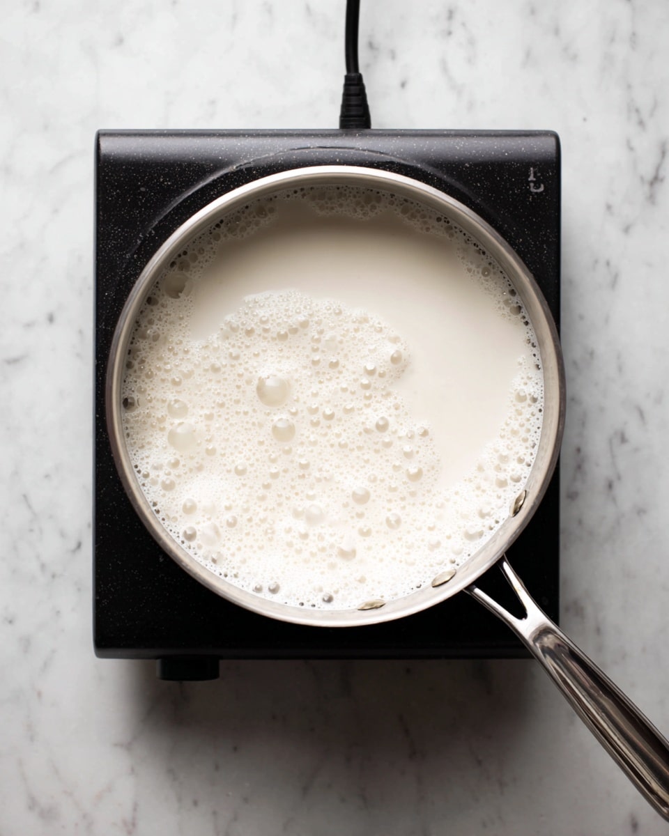 A metal pot is filled with a white, creamy liquid that is gently bubbling on a black hot plate. The pot's shiny handle extends to the right side, and the hot plate sits on a white marbled surface. The creamy mixture looks smooth with small bubbles forming across the surface, showing it is being heated. photo taken with an iphone --ar 4:5 --v 7