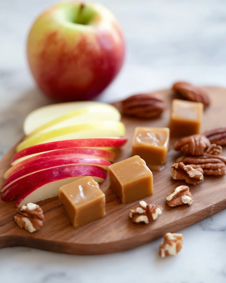 The image shows a wooden board placed on a white marbled surface, holding a small serving of food items. There are three bright red and yellow apple slices arranged in the center, with the skin side visible. Near the apple slices, there are four light brown caramel squares, each with a smooth texture and slight shine. Scattered around the board are several pecans, some whole and some broken into pieces, showing rough textures and natural brown tones. In the background, there is a whole apple with red and yellow skin, slightly blurred. The photo taken with an iphone --ar 4:5 --v 7