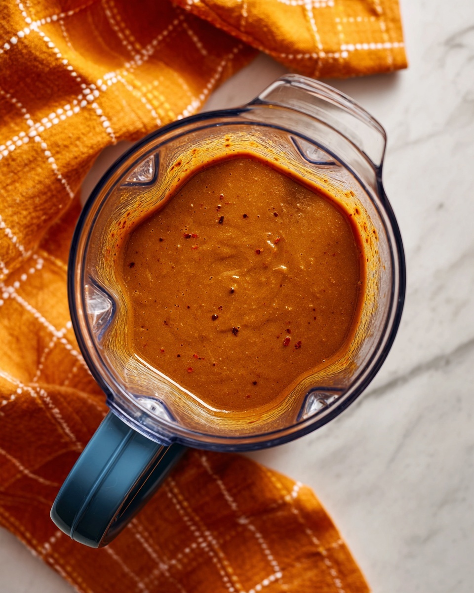 The image shows a close-up top view of a clear blender jar filled with a thick, smooth brown sauce with some small red specks visible throughout. The blender is placed on a white marbled surface. To the right of the blender, there is a folded orange cloth with a checkered pattern. The jar handle is blue and positioned on the left side of the image. Photo taken with an iphone --ar 4:5 --v 7