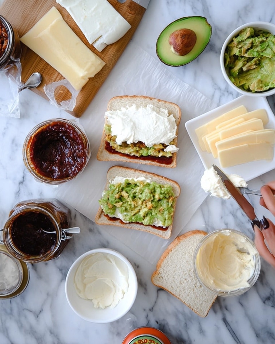 The image shows a slice of white bread with four layers: the bottom layer is white creamy spread, the second layer is a dark red sauce, the third layer is a chunky green avocado mixture, and the top layer is another portion of the green avocado mixture. Around the bread are slices of white bread, thin slices of pale yellow cheese on a small wooden board, a halved avocado with a green and creamy texture, an open jar containing dark red sauce, a white bowl with light beige spread, a small white bowl with mashed avocado and a spoon inside, and a white bowl with some white cream. The scene is set on a white marbled surface with a woman's hand holding a knife that has white spread on it. Photo taken with an iphone --ar 4:5 --v 7