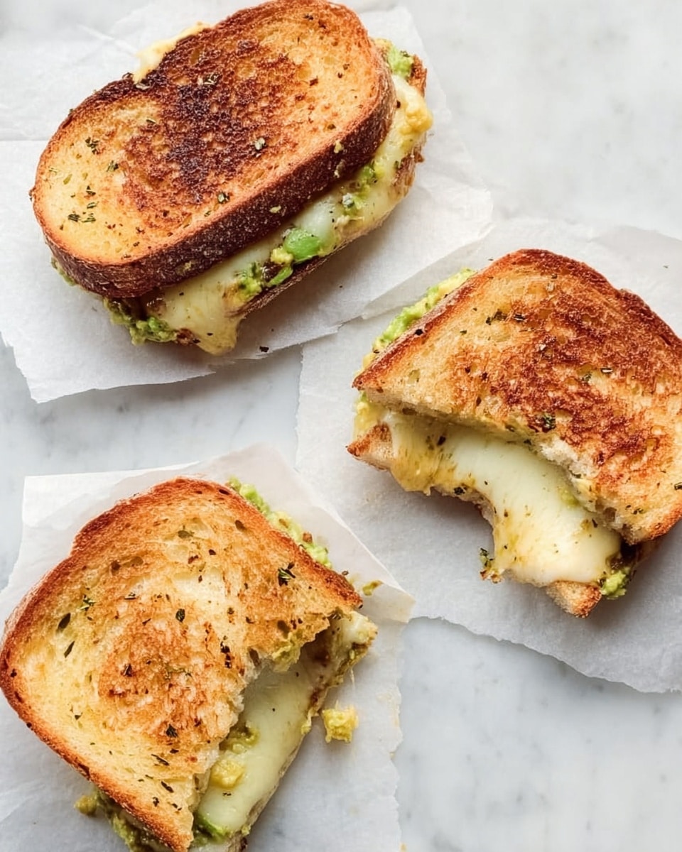 The image shows three grilled sandwiches on white parchment paper placed on a white marbled surface. Each sandwich is made of two golden-brown toasted bread slices with a slightly rough texture and some herbs visible on top. The sandwiches are filled with layers of melted light yellow cheese and green avocado spread, which is creamy and slightly chunky. The melted cheese oozes slightly from the edges, blending with the avocado inside. One sandwich has a bite taken out of it, revealing the soft, gooey cheese and small pieces of avocado. The sandwiches look warm and freshly made. photo taken with an iphone --ar 4:5 --v 7