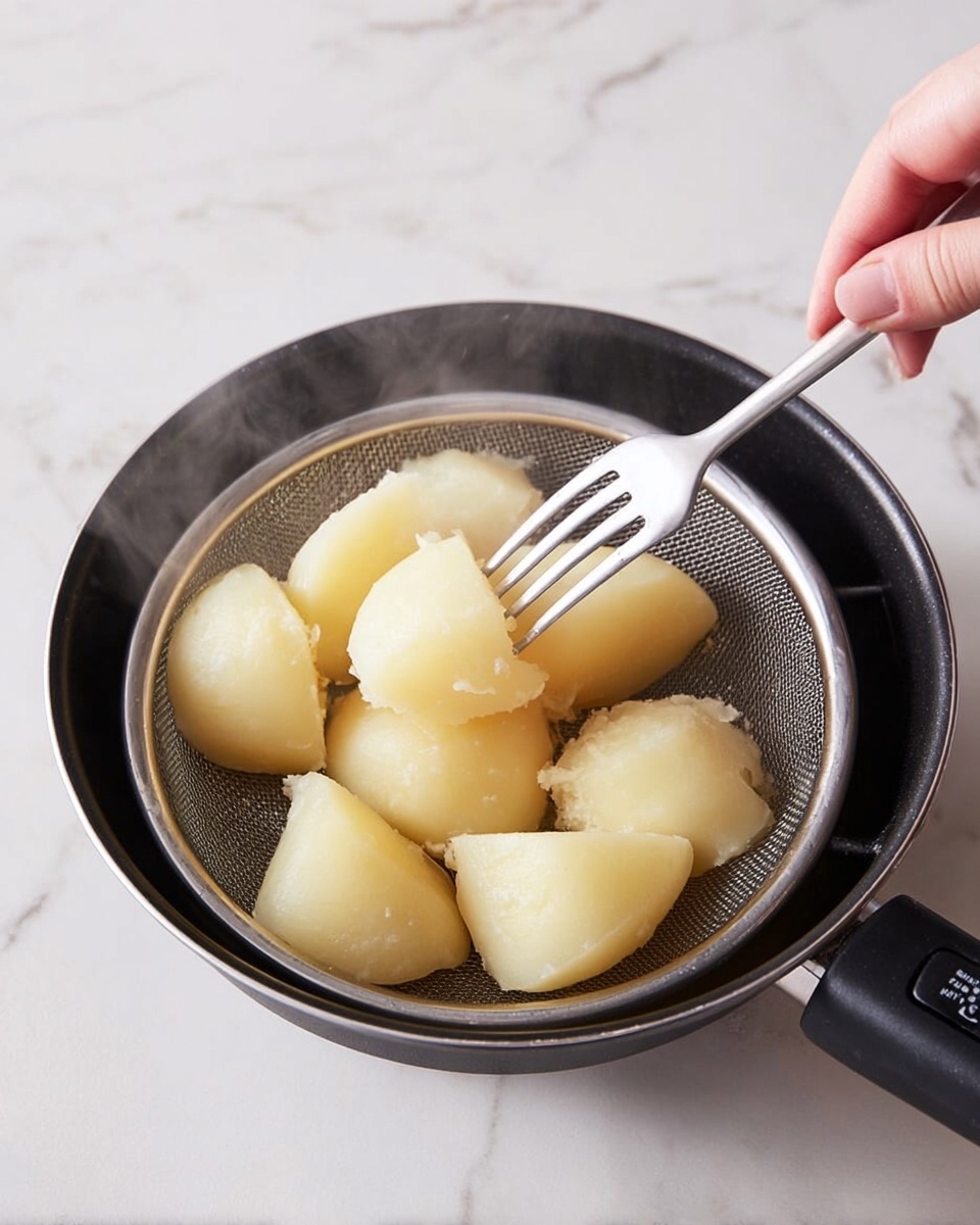 A black strainer holds several large off-white pieces of peeled cooked potato, each with a smooth texture and slightly shiny surface. A woman's hand is gently pressing one potato piece with a shiny silver fork, the fingers slightly visible. The strainer has a fine mesh and a black handle opening out from the bottom right. The whole scene rests on a white marbled surface that adds a soft pattern in the background. Steam rises lightly from the potatoes, showing they are warm. photo taken with an iphone --ar 4:5 --v 7