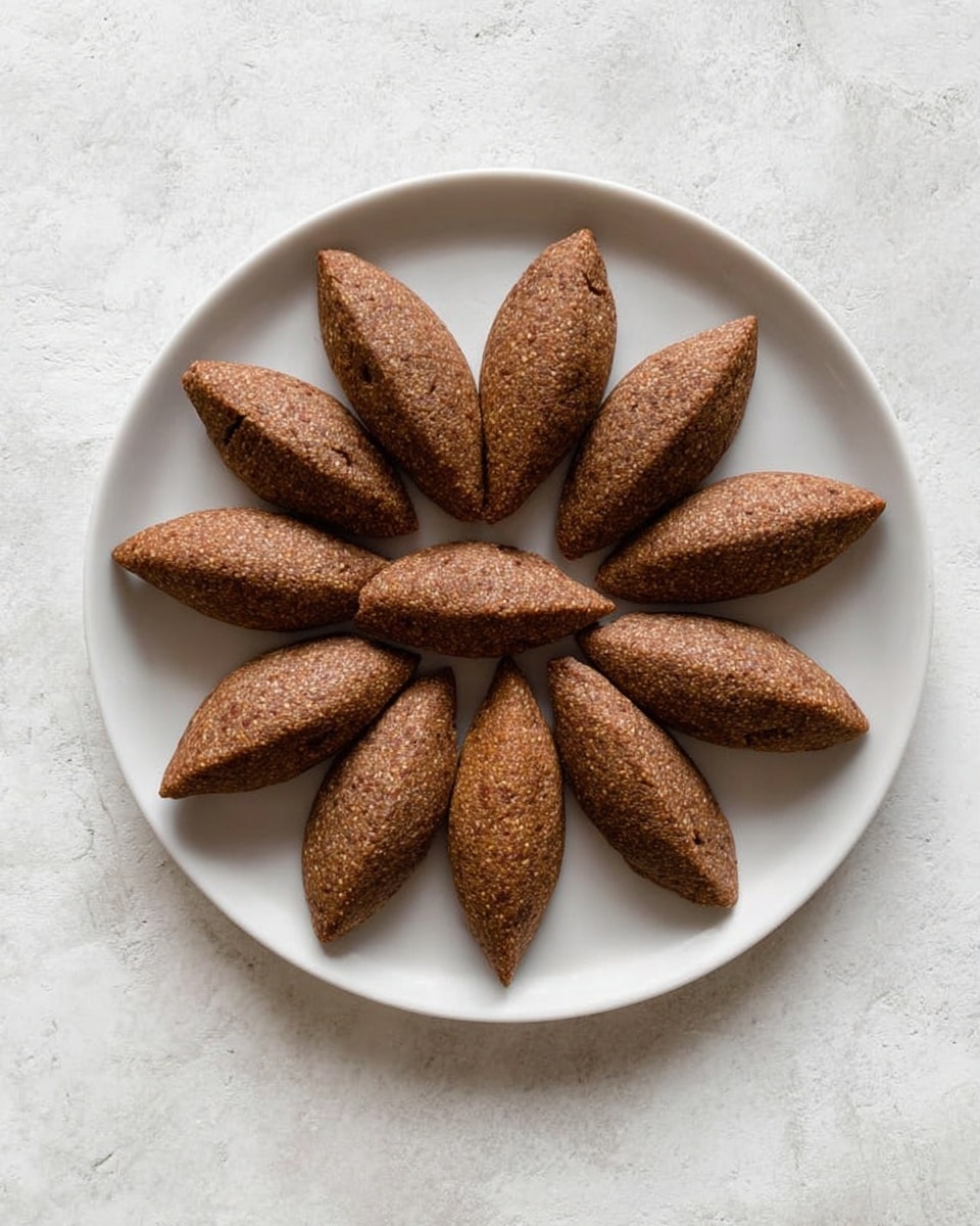 A white plate holds twelve brown, elongated oval-shaped pieces of food with pointed ends. Each piece has a slightly textured surface showing a mix of darker and lighter brown grains or specks. The pieces are arranged in a circular pattern, overlapping slightly, on a white marbled surface. photo taken with an iphone --ar 4:5 --v 7