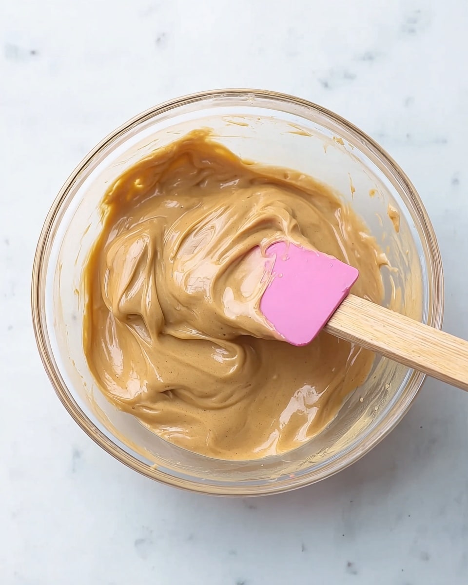 A clear glass bowl sits on a white marbled surface with a thick, creamy light brown mixture inside. A pink silicone spatula with a light wooden handle is partially dipped into the mixture, showing smooth, slightly shiny texture with soft folds and swirls. The overall look is smooth and glossy, with no distinct layers visible other than the spatula resting on top. Photo taken with an iphone --ar 4:5 --v 7
