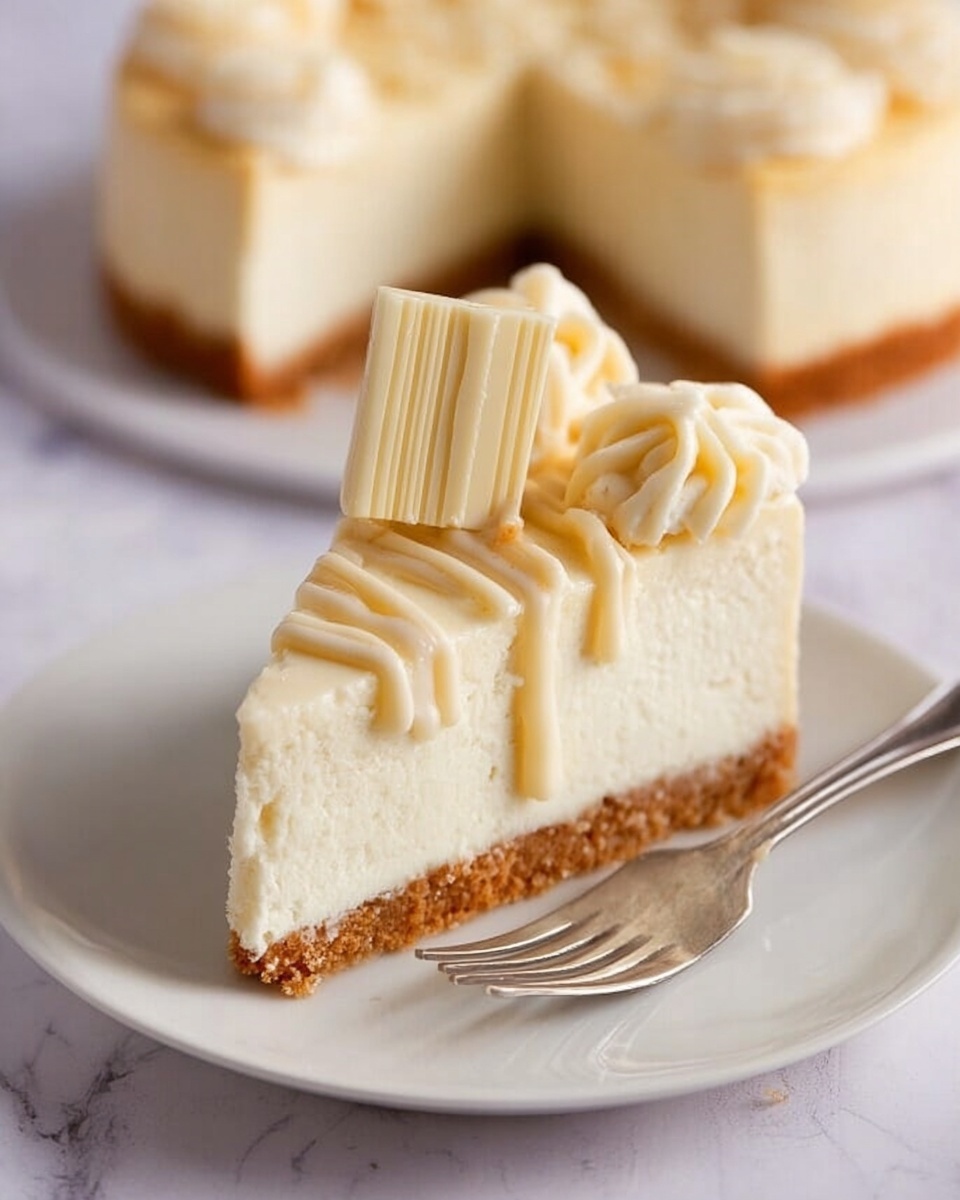 A single slice of cheesecake sits on a white plate with a silver fork beside it. The cheesecake slice has three layers: a golden brown crumbly base at the bottom, a thick creamy white middle layer, and a top layer decorated with swirls of white cream drizzled with a smooth light beige sauce. A small square piece of white chocolate is placed upright on top of the cream. In the background, the rest of the round cheesecake is visible on another white plate on a white marbled surface. Photo taken with an iphone --ar 4:5 --v 7