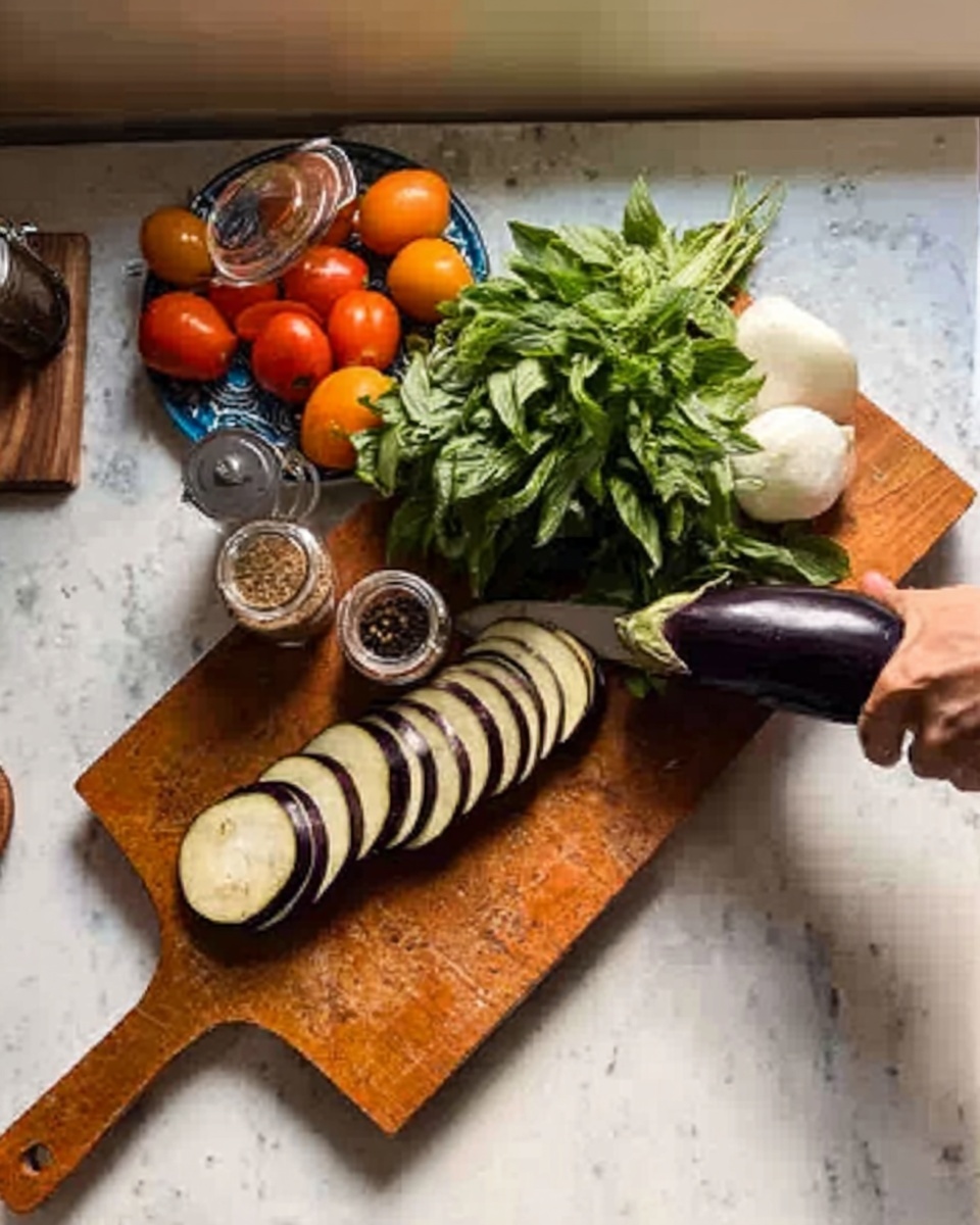 The image shows a wooden cutting board on a white marbled surface with slices of purple eggplant arranged in a neat row on the left side. Next to the eggplant, a bunch of fresh green herbs is placed loosely. At the back of the board, there are two small glass jars with brown spices inside, positioned close to a cluster of bright orange cherry tomatoes and white onions. A woman's hand is holding a knife over the cutting board, ready to slice more ingredients. Photo taken with an iphone --ar 4:5 --v 7