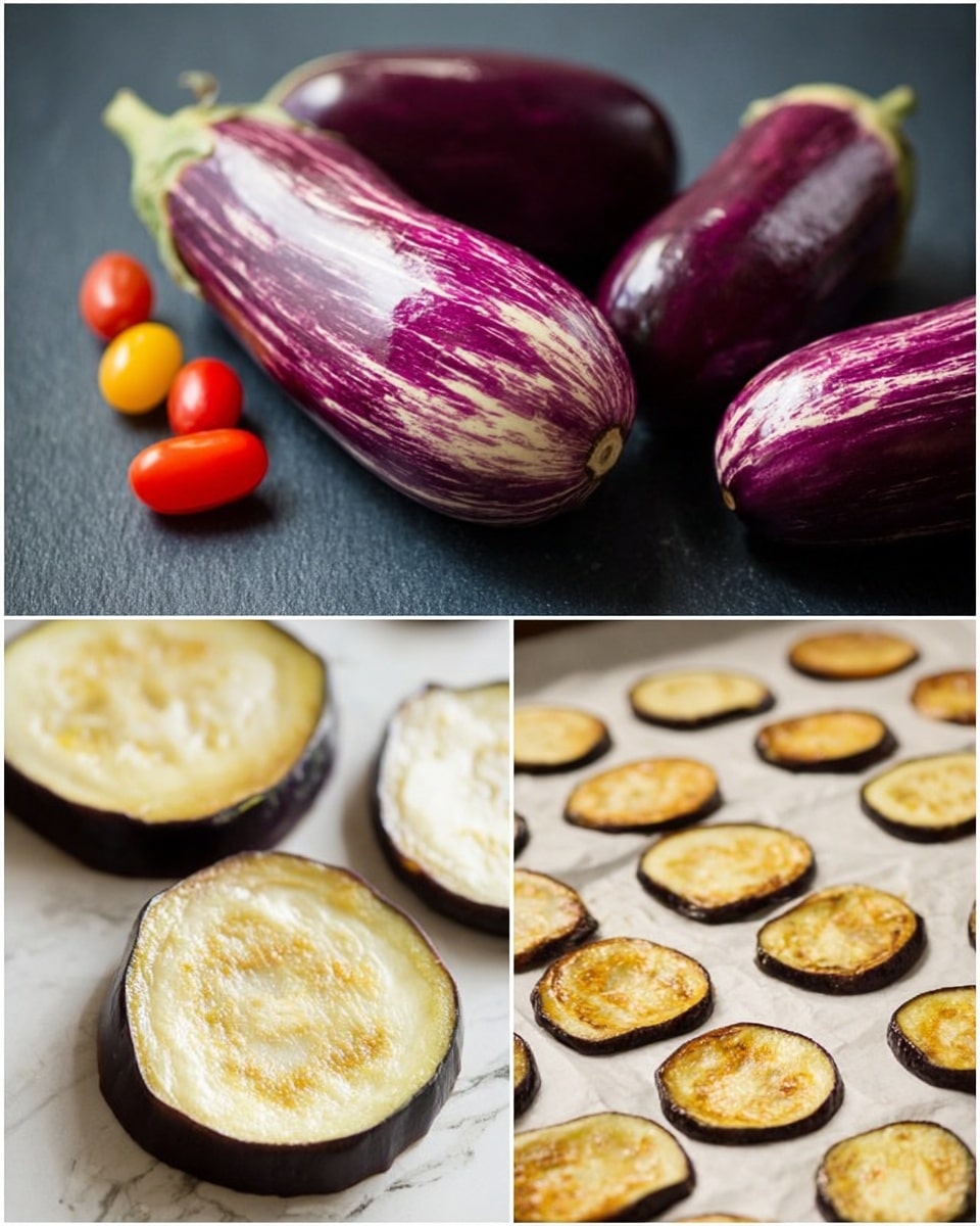 The image shows a collage of three photos featuring eggplants and their preparation. The left side has two whole eggplants, one deep purple and the other purple with white stripes, placed on a dark surface with some small red and yellow cherry tomatoes in the background. The top right photo shows several round slices of eggplants arranged in neat rows on white parchment paper over a white marbled surface; the slices have a creamy light yellow center surrounded by deep purple skin. The bottom right photo shows the same eggplant slices after cooking, now lightly browned with crisp edges, sitting on oily parchment paper on a white marbled surface. Photo taken with an iphone --ar 4:5 --v 7