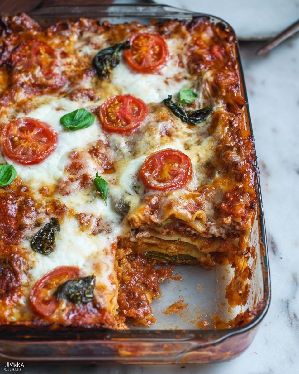 The image shows a glass baking dish filled with a layered lasagna where the top layer is covered with melted white cheese, with red tomato slices and dark green basil leaves scattered on top. The lasagna layers beneath are barely visible but show a rich tomato sauce in red and brown tones. One section of the lasagna is missing, revealing the thick, textured layers inside. The dish is placed on a white marbled surface. photo taken with an iphone --ar 4:5 --v 7