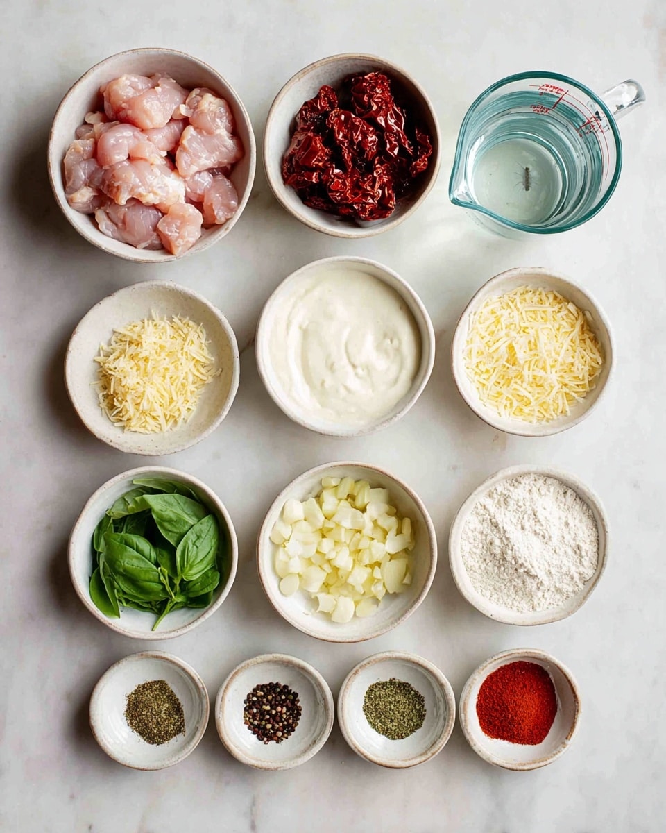 The image shows a top view of eleven small white bowls and a clear measuring cup on a white marbled surface. In the top left, a bowl holds raw pink chicken pieces. To its right, the clear measuring cup contains water. Below the chicken, a bowl is filled with dark red sun-dried tomatoes. Next to it, shredded light yellow cheese fills another bowl. A smooth bowl of white cream is on the right side. Below the sun-dried tomatoes, fresh green basil leaves are in a bowl. Next to the basil, a bowl holds pale yellow chopped garlic. To its right, a bowl is filled with white flour. At the bottom, three small bowls hold different spices: green dried herbs, red powdered spice, and a dark brown spice in the shape of a cross, along with black pepper and white salt. All items are neatly arranged in rows, creating a clean and colorful layout. photo taken with an iphone --ar 4:5 --v 7
