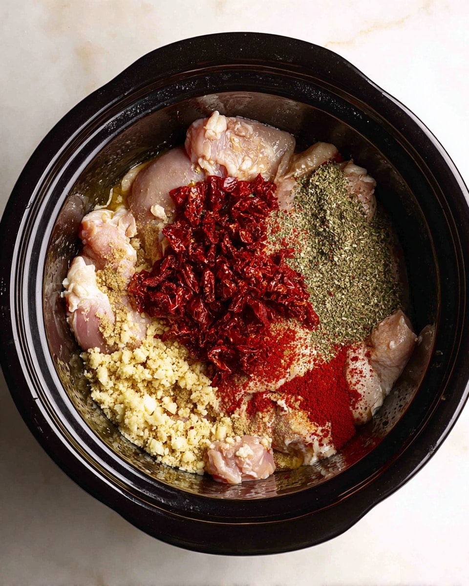 A black slow cooker bowl holds raw chicken pieces as the base layer, pale pink with some light fat visible, covered by several piles of dry ingredients: finely chopped sun-dried tomatoes clumped in a deep red pile at the center, a heap of pale yellow minced garlic on the lower left side, a bright red ground spice powder spread across the middle, and a sprinkling of finely crushed green herbs scattered mostly on the right side. The bowl is set on a white marbled surface. photo taken with an iphone --ar 4:5 --v 7