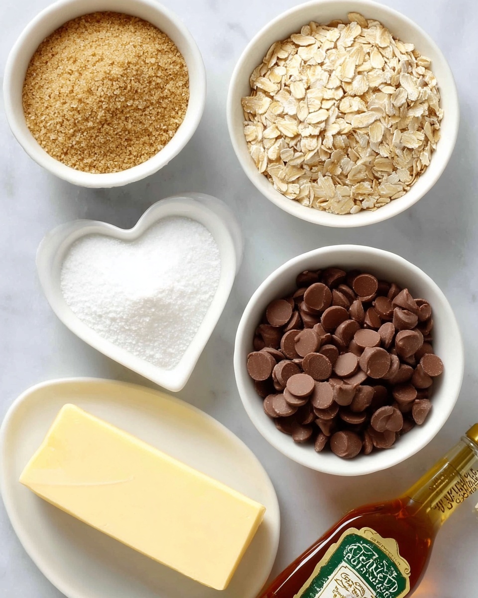 Five white bowls are placed on a white marbled surface, each containing a different ingredient. The top right bowl is filled with light beige rolled oats, the bottom left bowl contains light brown brown sugar, and the middle right bowl holds smooth milk chocolate chips that are round and flat. Above the brown sugar is a white heart-shaped bowl with white granulated sugar, and to the left is a white plate with a thick rectangular piece of pale yellow butter. At the bottom right corner of the image, there is a bottle of Golden syrup with a green label and gold cap, lying on its side. Photo taken with an iphone --ar 4:5 --v 7
