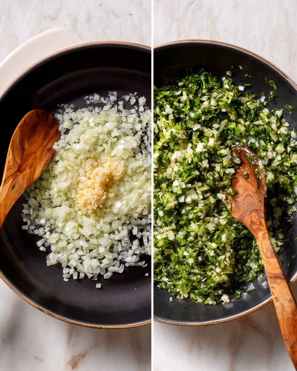 The image shows two side-by-side views of a white pan with a dark interior on a white marbled surface. The left side displays finely chopped white onions spread evenly in the pan, with a small heap of minced garlic placed near the center, and a wooden spoon resting on the left side inside the pan. The right side shows the same pan where the onions are mixed with chopped green leafy vegetables, giving a fresh green and white mix texture. The wooden spoon is placed towards the middle, partially stirring the mixture. Photo taken with an iphone --ar 4:5 --v 7