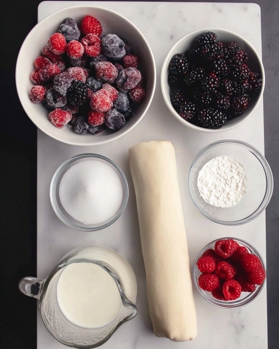 The image shows six containers of ingredients placed on a white marbled surface. The top left shows a white bowl filled with frozen mixed berries in shades of red, purple, and dark blue. To the right, there is a smaller white bowl with fresh blackberries and a few raspberries. Below the berries is a round glass bowl filled with white granulated sugar. Next to the sugar bowl is a small round glass container with a white powdery substance. Below these, a glass pitcher contains a light cream-colored liquid, and in the center, a long rolled sheet of pale, beige dough rests horizontally. A small glass dish of white powder is near the bottom. The photo has soft natural light and a clean, simple arrangement photo taken with an iphone --ar 4:5 --v 7