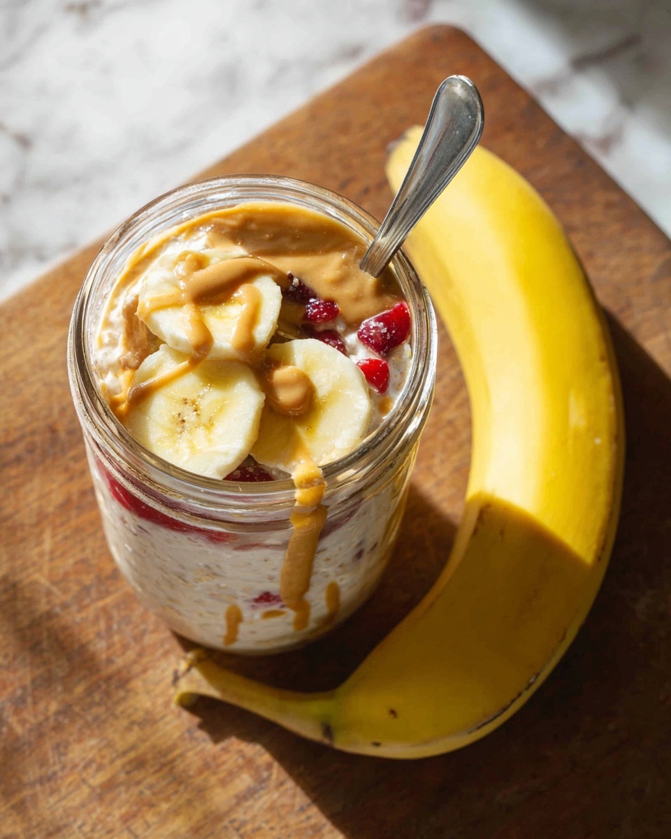 A glass jar filled with three main layers is shown from above. The bottom layer is a creamy white oatmeal base mixed with small red berry pieces. The middle layer has drizzled light brown peanut butter spread unevenly. The top layer consists of round slices of yellow banana arranged to cover part of the jar's surface. A metal spoon is placed inside the jar, leaning to the right. Next to the jar is a partly peeled yellow banana resting on a wooden board. The background is changed to a white marbled texture. Photo taken with an iphone --ar 4:5 --v 7